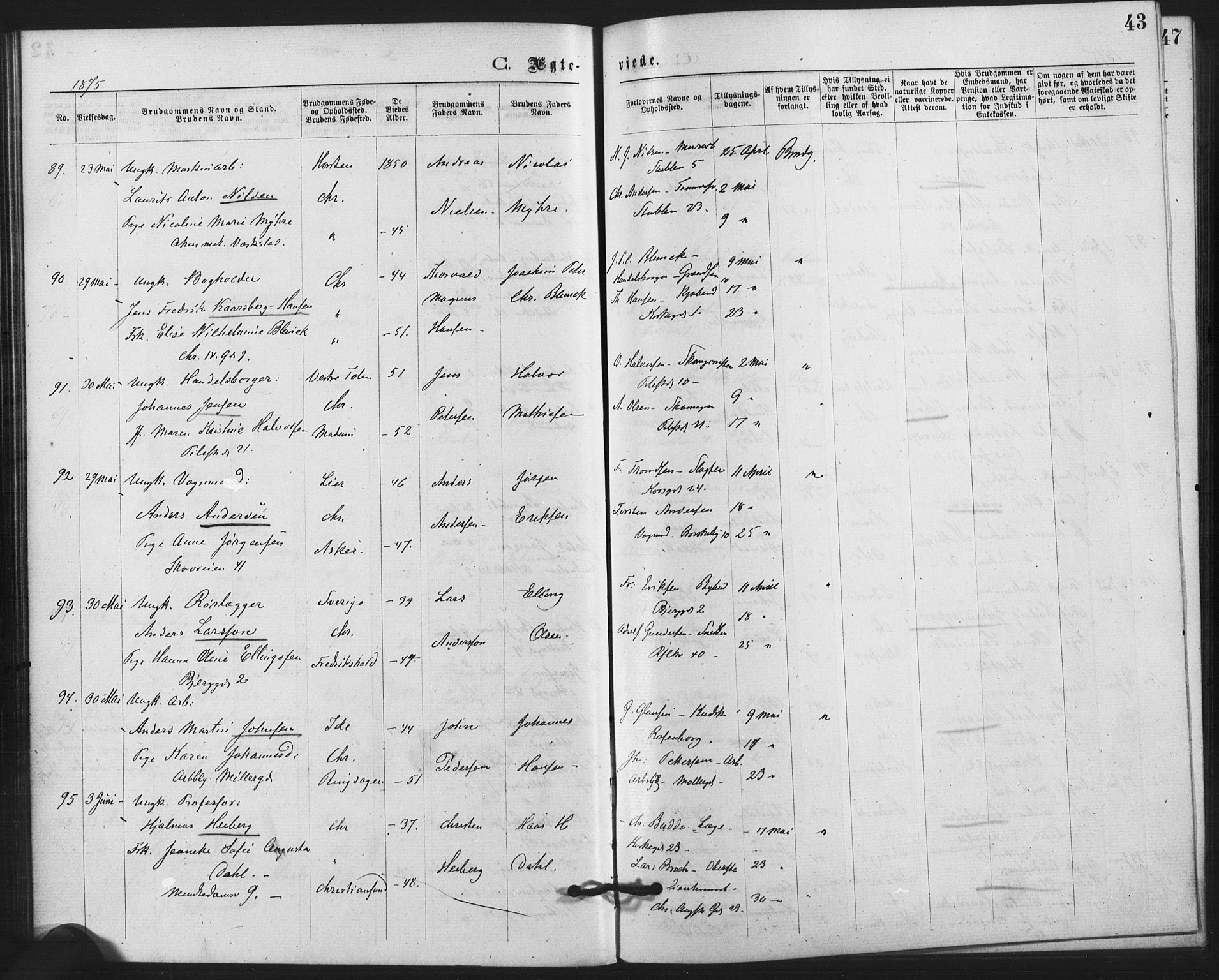 Trefoldighet prestekontor Kirkebøker, AV/SAO-A-10882/F/Fc/L0002: Parish register (official) no. III 2, 1874-1881, p. 43