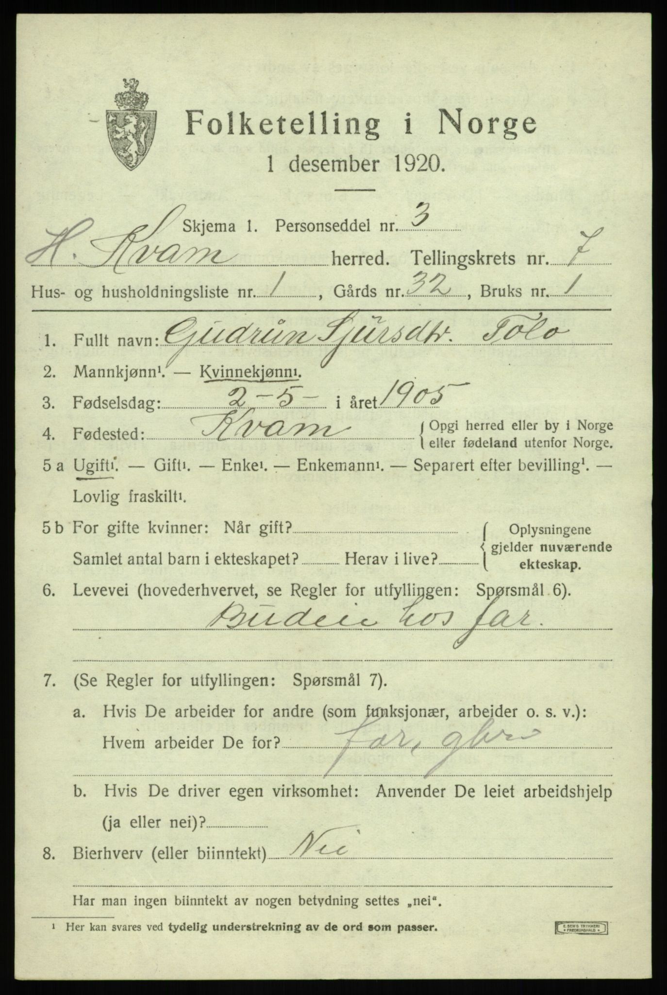 SAB, 1920 census for Kvam, 1920, p. 4737