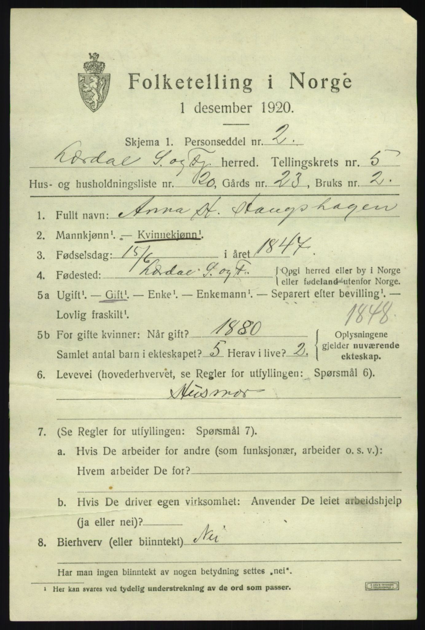 SAB, 1920 census for Lærdal, 1920, p. 2684