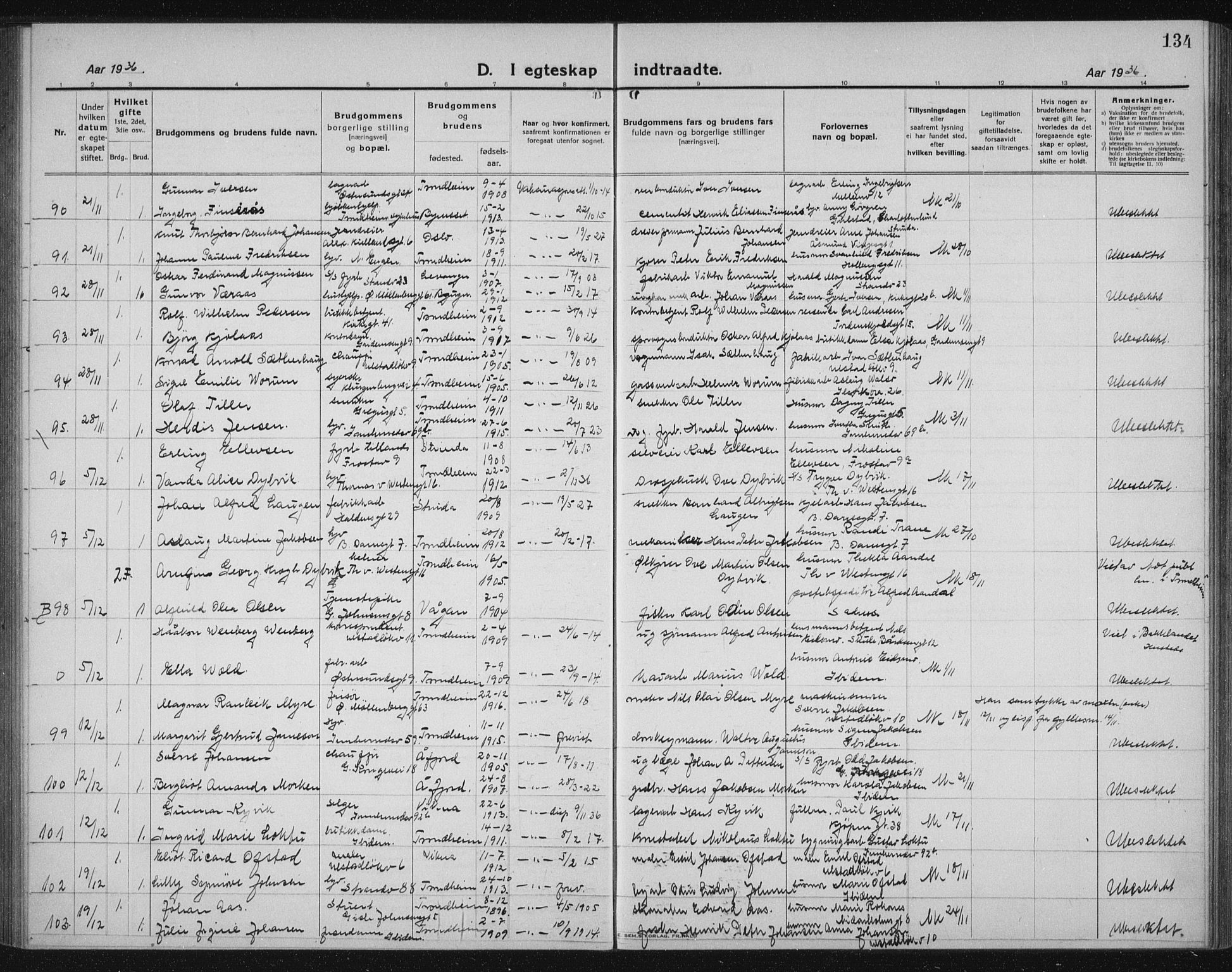 Ministerialprotokoller, klokkerbøker og fødselsregistre - Sør-Trøndelag, SAT/A-1456/605/L0260: Parish register (copy) no. 605C07, 1922-1942, p. 134