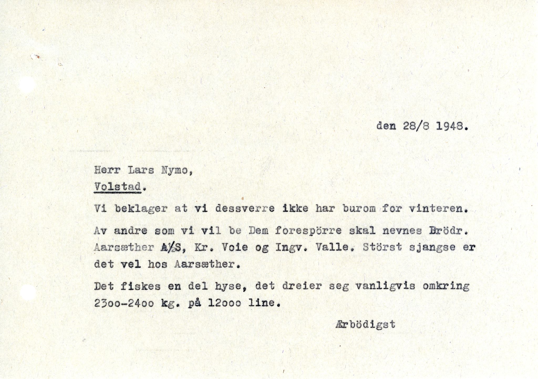 Vardø Fiskersamvirkelag, VAMU/A-0037/D/Da/L0001: Korrespondanse Ab-Eg, 1946-1950