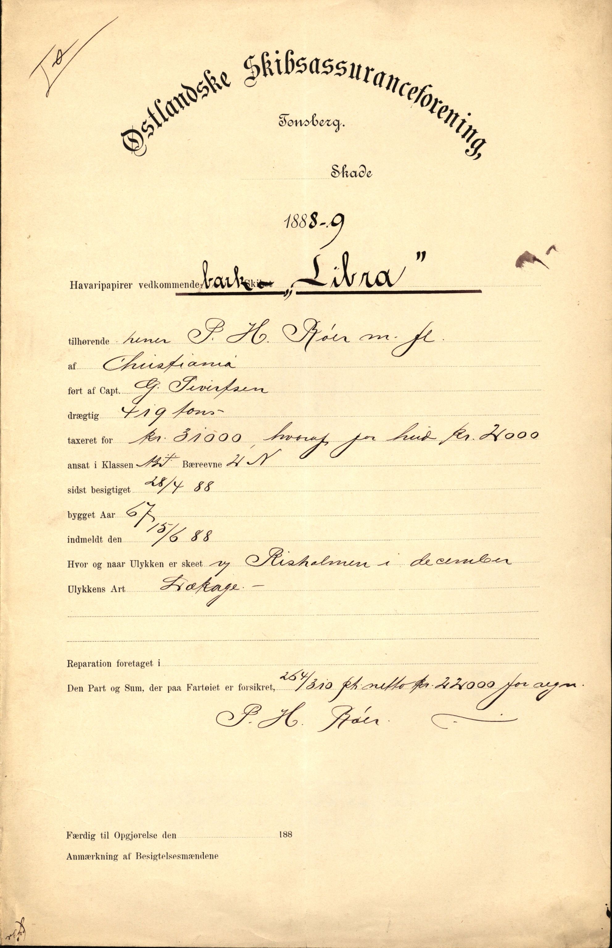 Pa 63 - Østlandske skibsassuranceforening, VEMU/A-1079/G/Ga/L0021/0005: Havaridokumenter / Haabet, Louise, Kvik, Libra, Kongsek, Ispilen, 1888, p. 17