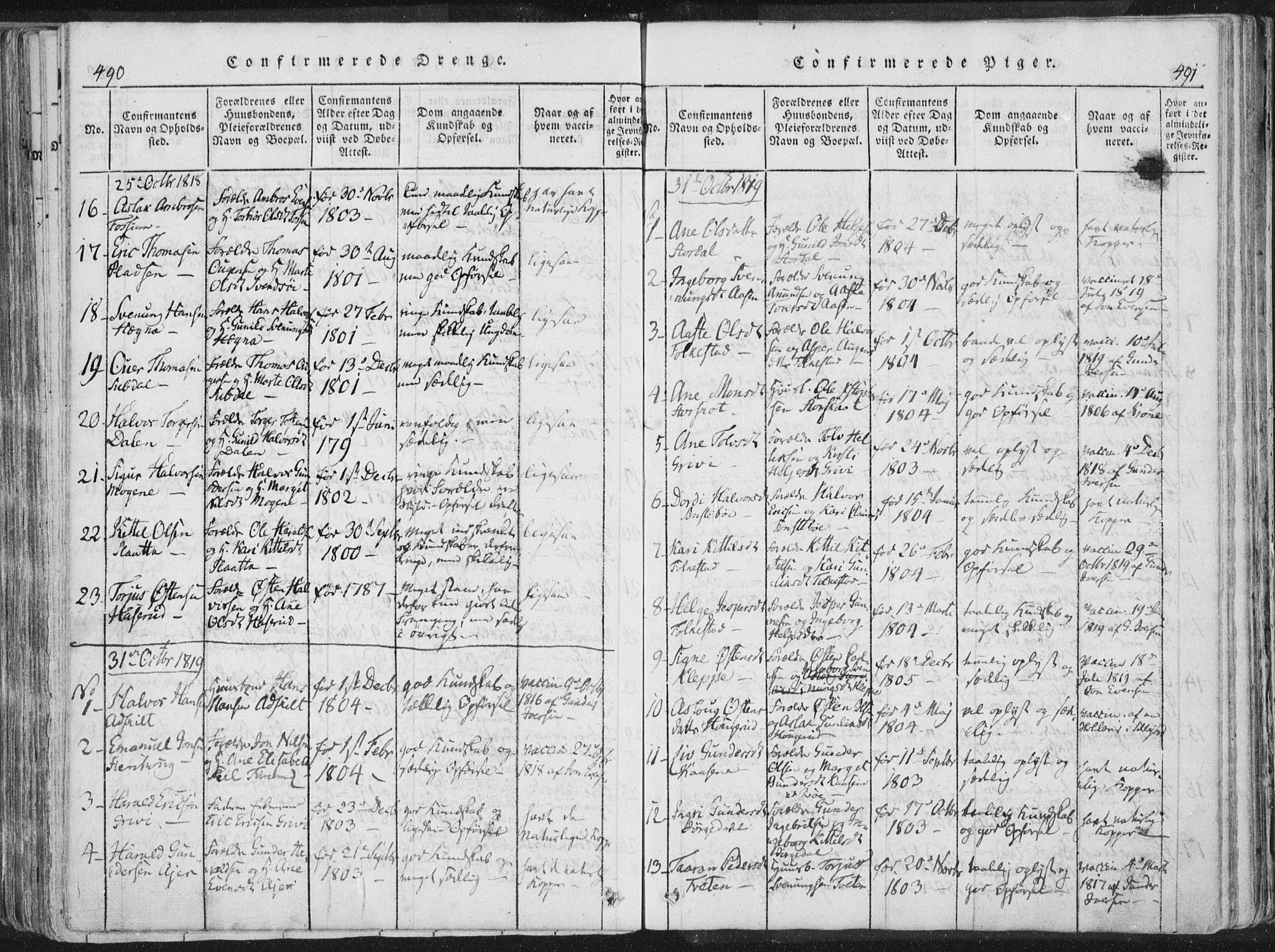 Bø kirkebøker, AV/SAKO-A-257/F/Fa/L0006: Parish register (official) no. 6, 1815-1831, p. 490-491