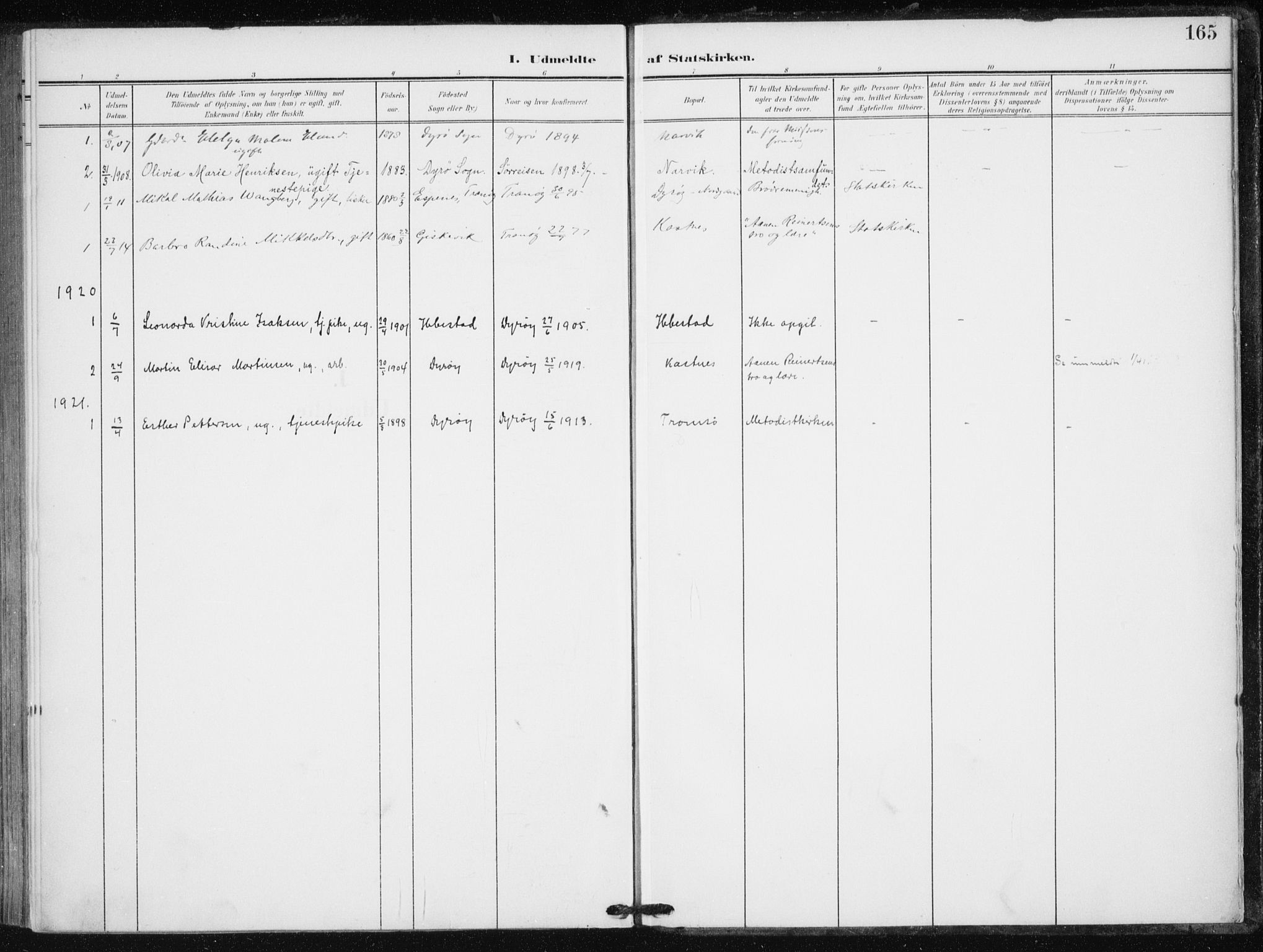 Tranøy sokneprestkontor, SATØ/S-1313/I/Ia/Iaa/L0013kirke: Parish register (official) no. 13, 1905-1922, p. 165