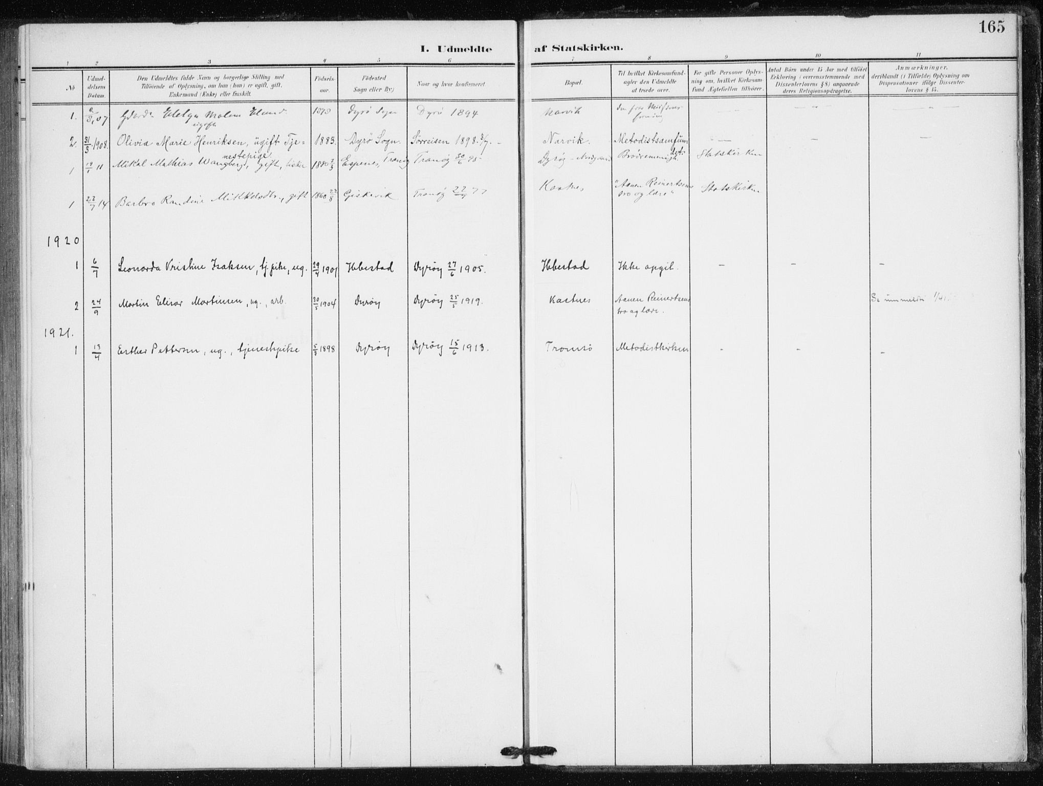 Tranøy sokneprestkontor, AV/SATØ-S-1313/I/Ia/Iaa/L0013kirke: Parish register (official) no. 13, 1905-1922, p. 165