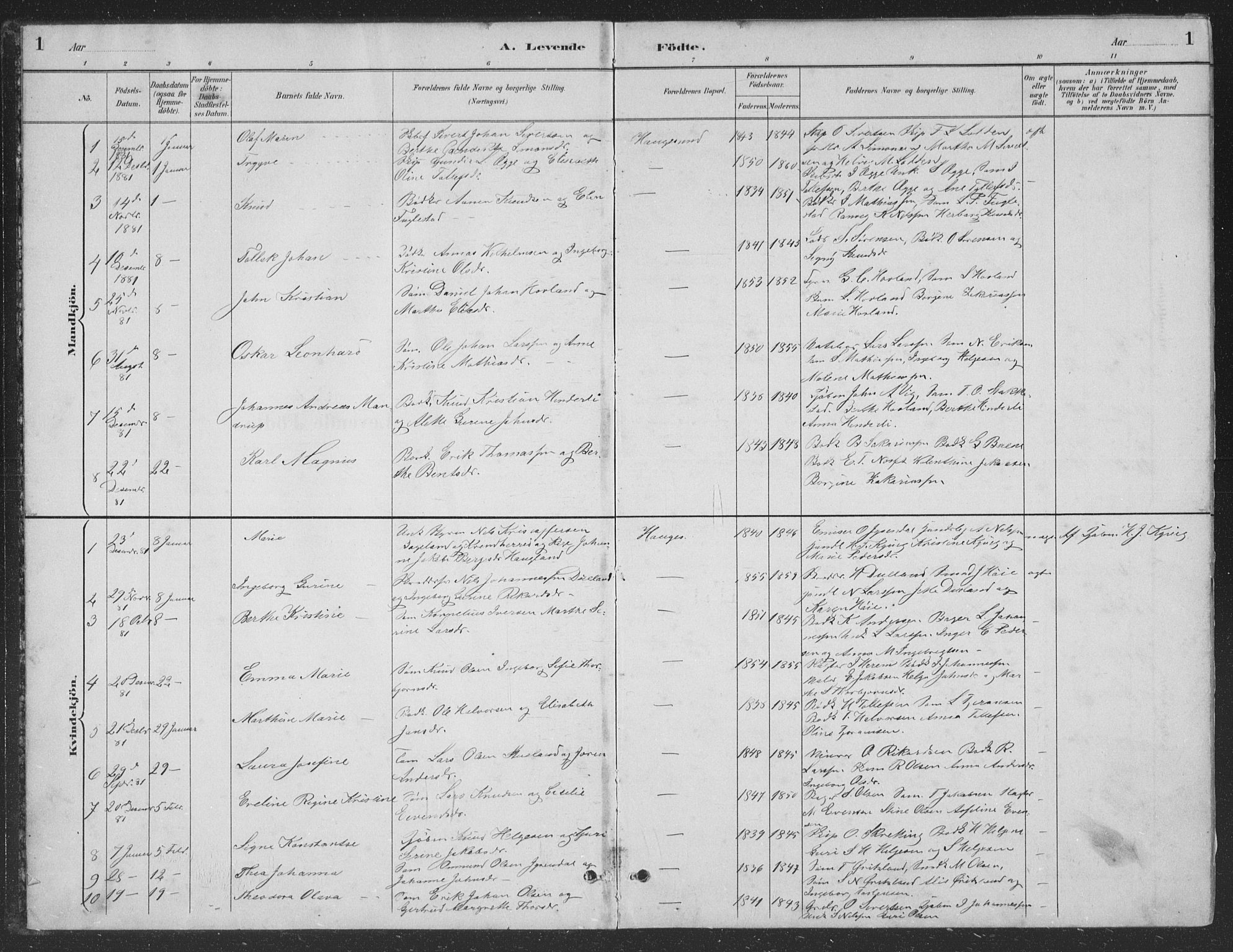 Haugesund sokneprestkontor, AV/SAST-A -101863/H/Ha/Hab/L0002: Parish register (copy) no. B 2, 1881-1894, p. 1