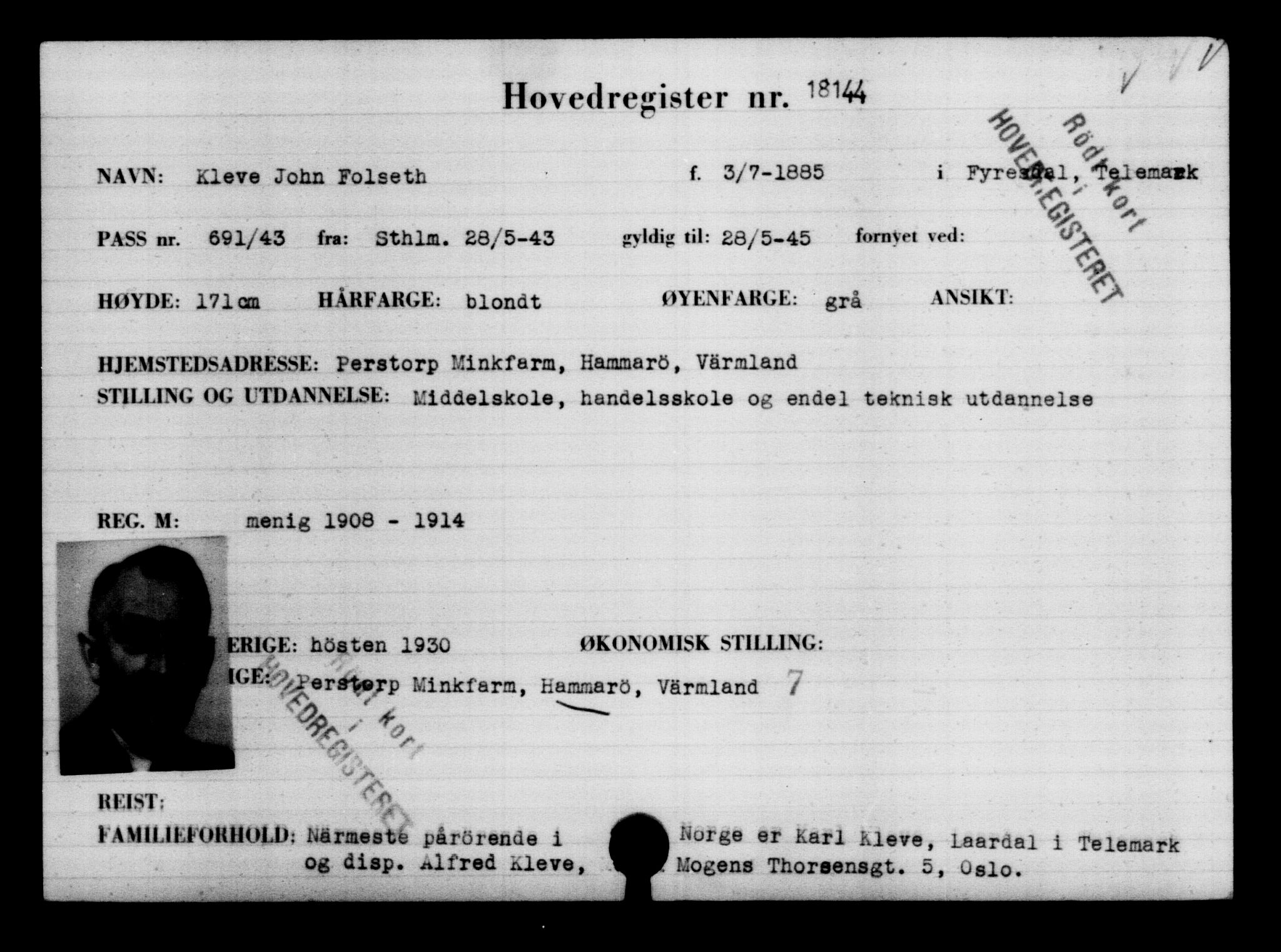 Utenriksstasjonene, Legasjonen i Stockholm, Flyktningkontoret, AV/RA-S-6753/V/Va/L0008: Kjesäterkartoteket, flyktninger med registreringsnr. 15700-18547, 1940-1945, p. 2736