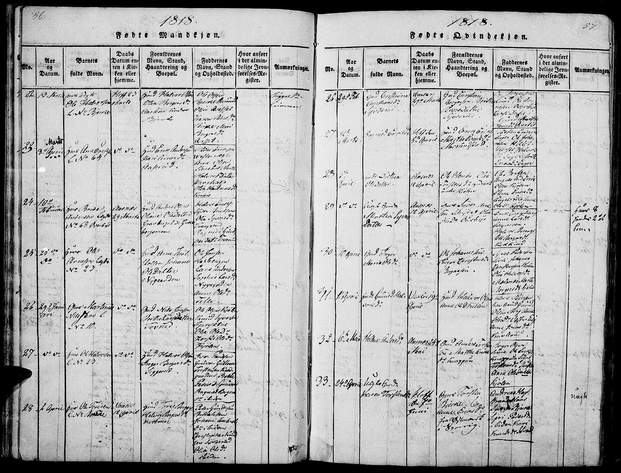 Hof prestekontor, AV/SAH-PREST-038/H/Ha/Haa/L0005: Parish register (official) no. 5, 1816-1822, p. 56-57