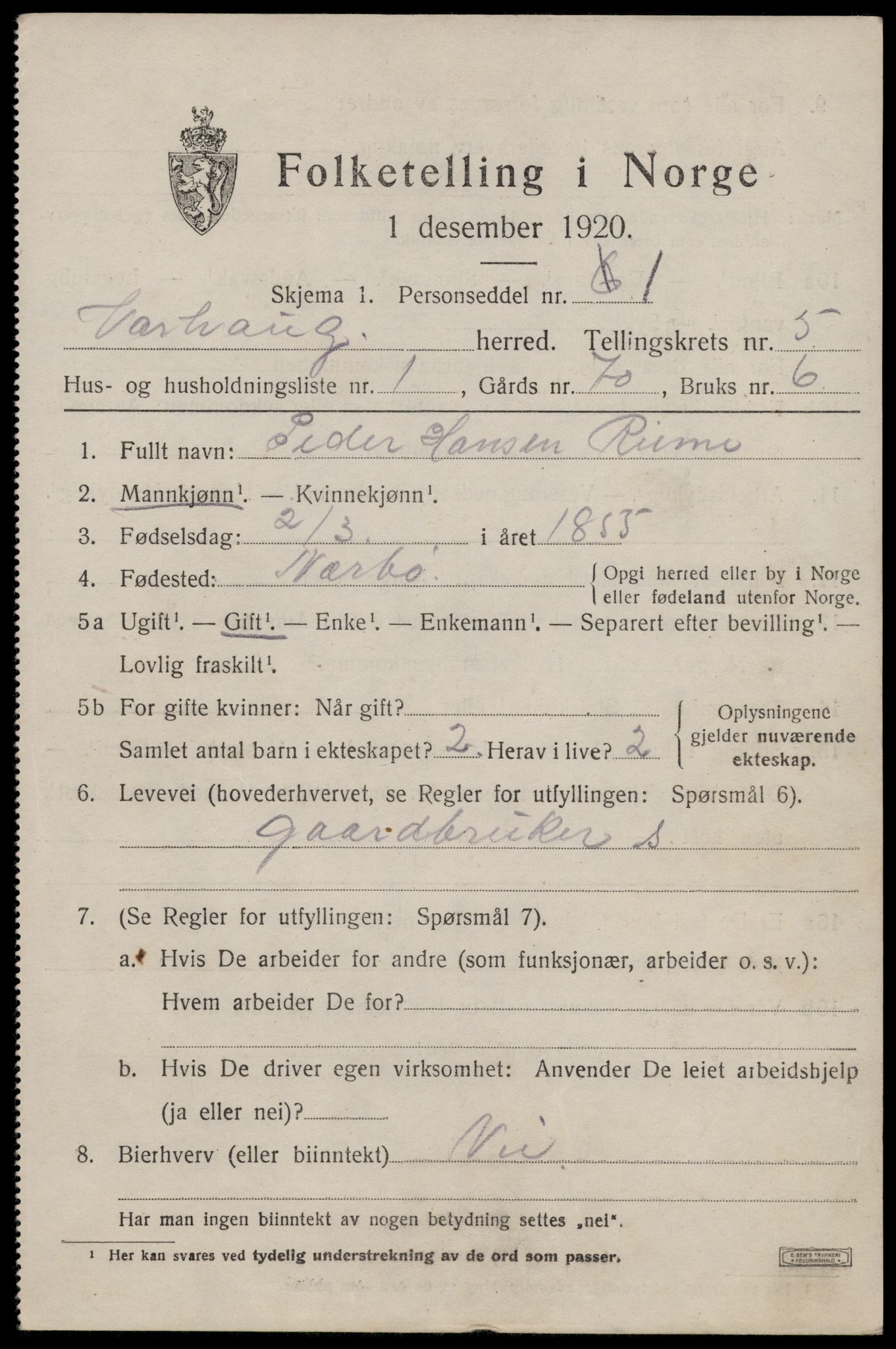 SAST, 1920 census for Varhaug, 1920, p. 4419