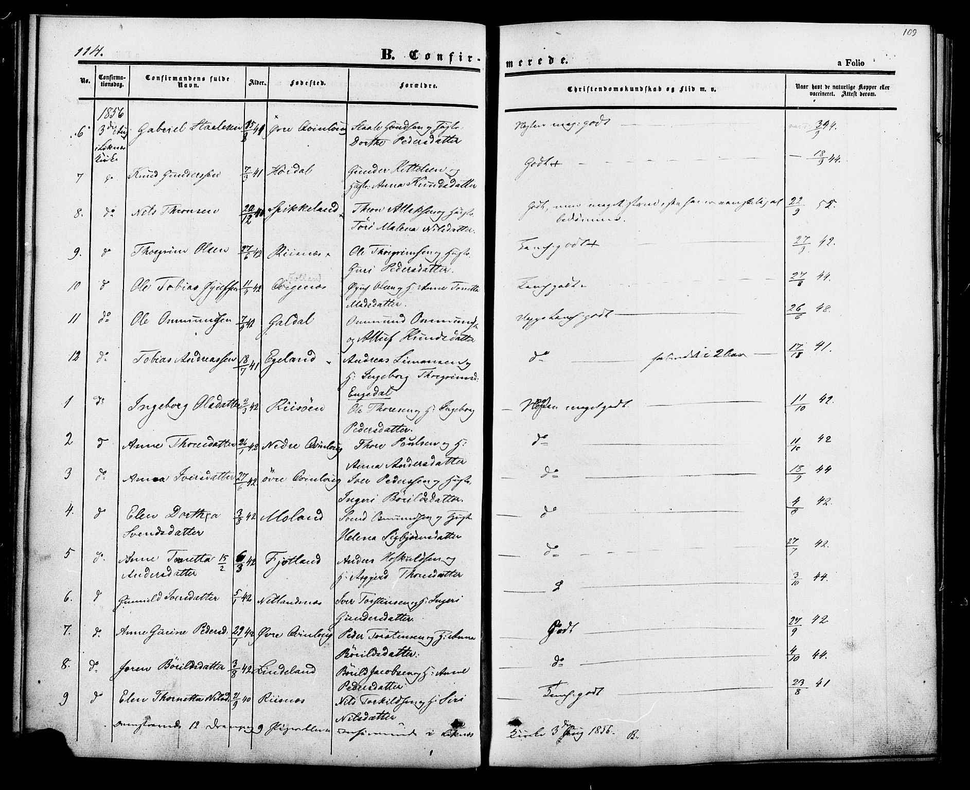 Fjotland sokneprestkontor, AV/SAK-1111-0010/F/Fa/L0001: Parish register (official) no. A 1, 1850-1879, p. 109