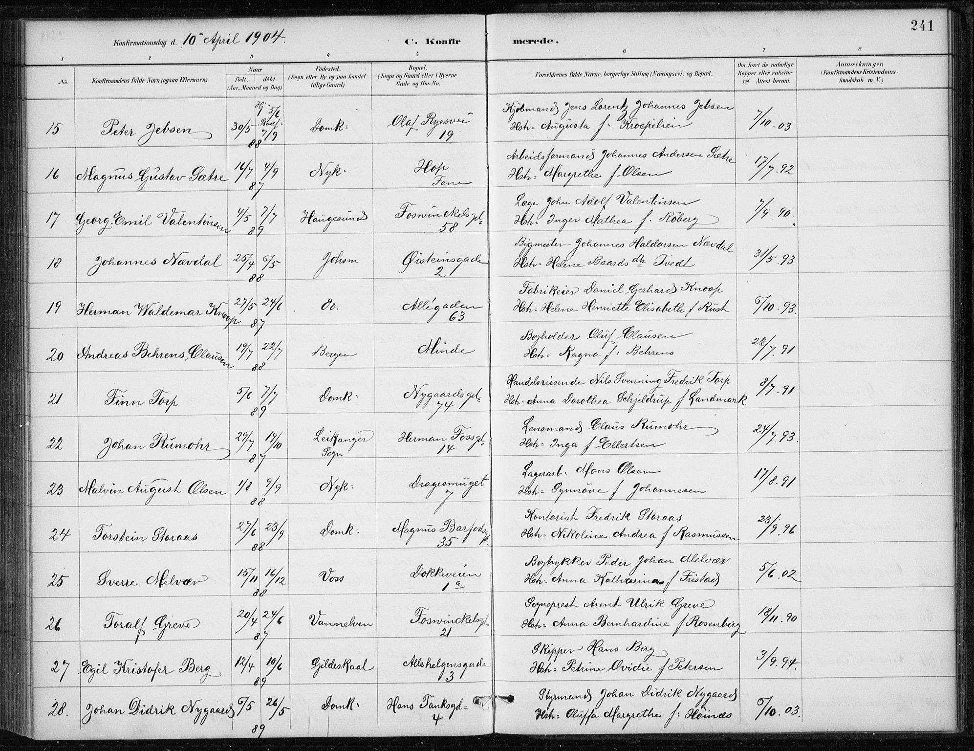 Johanneskirken sokneprestembete, AV/SAB-A-76001/H/Haa/L0008: Parish register (official) no. C 1, 1885-1907, p. 241