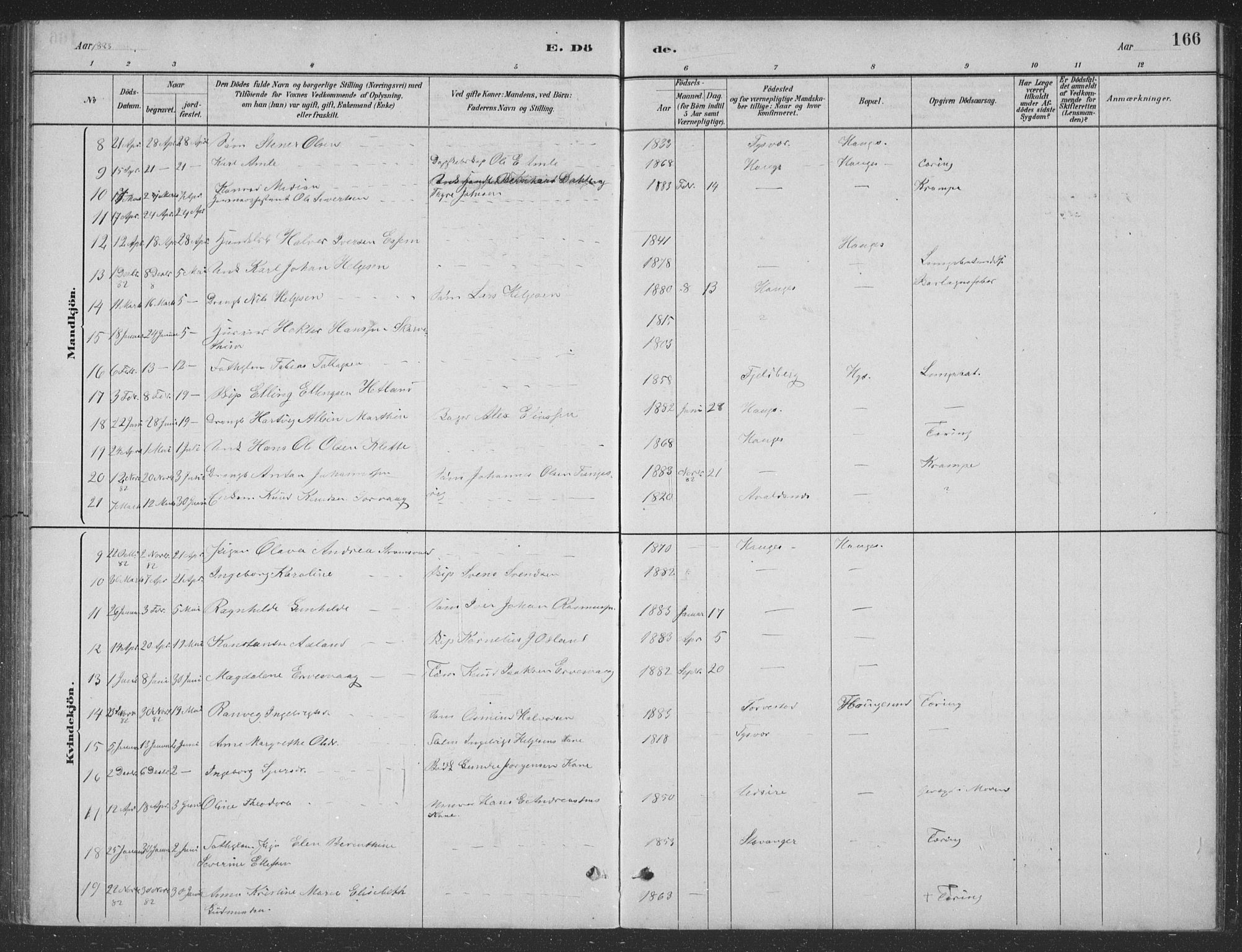 Haugesund sokneprestkontor, AV/SAST-A -101863/H/Ha/Hab/L0002: Parish register (copy) no. B 2, 1881-1894, p. 166