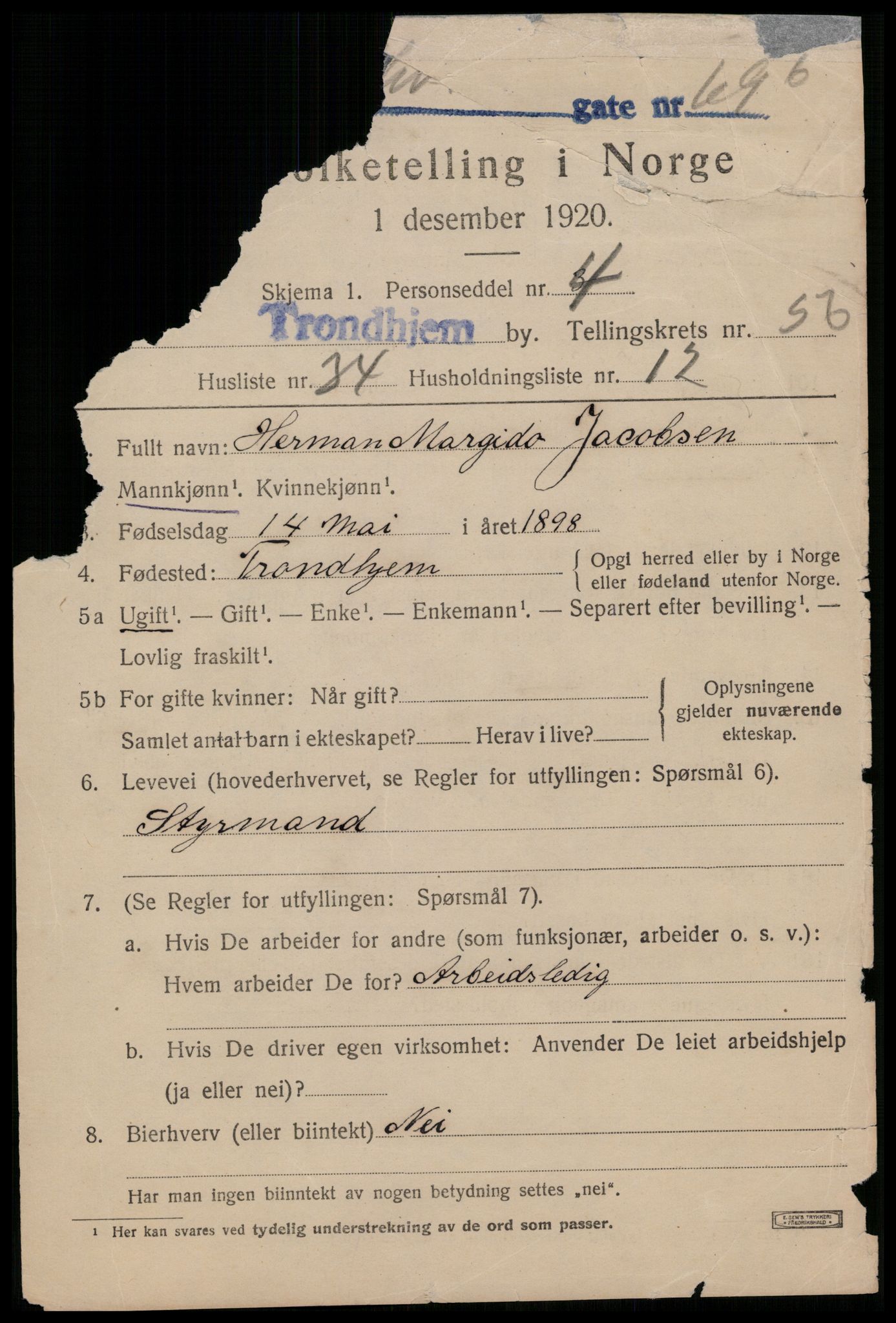 SAT, 1920 census for Trondheim, 1920, p. 115488