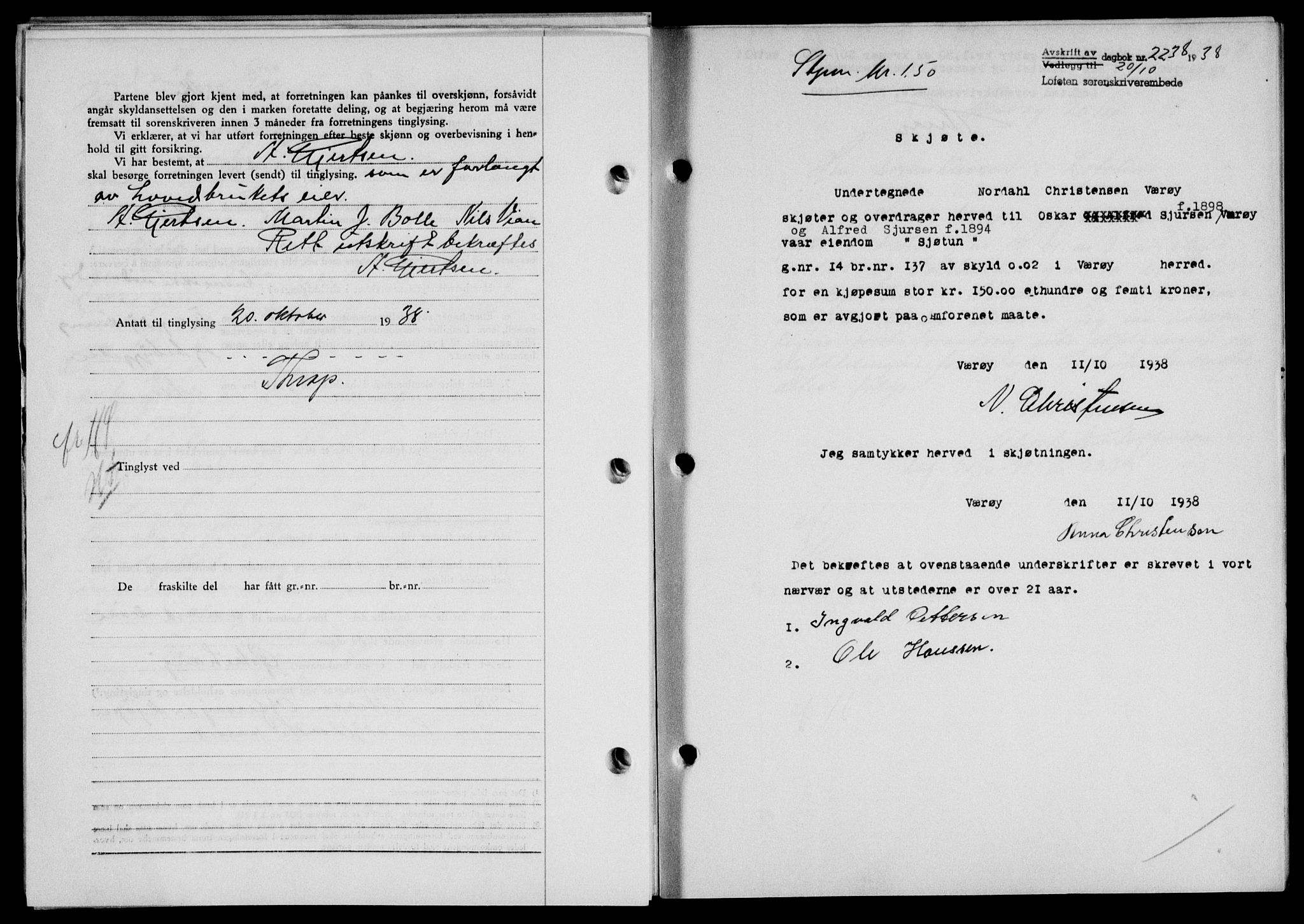 Lofoten sorenskriveri, SAT/A-0017/1/2/2C/L0004a: Mortgage book no. 4a, 1938-1938, Diary no: : 2238/1938