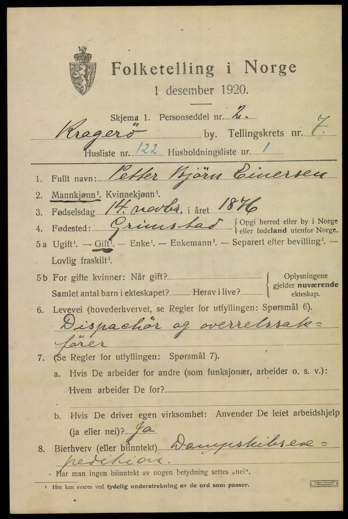 SAKO, 1920 census for Kragerø, 1920, p. 11095