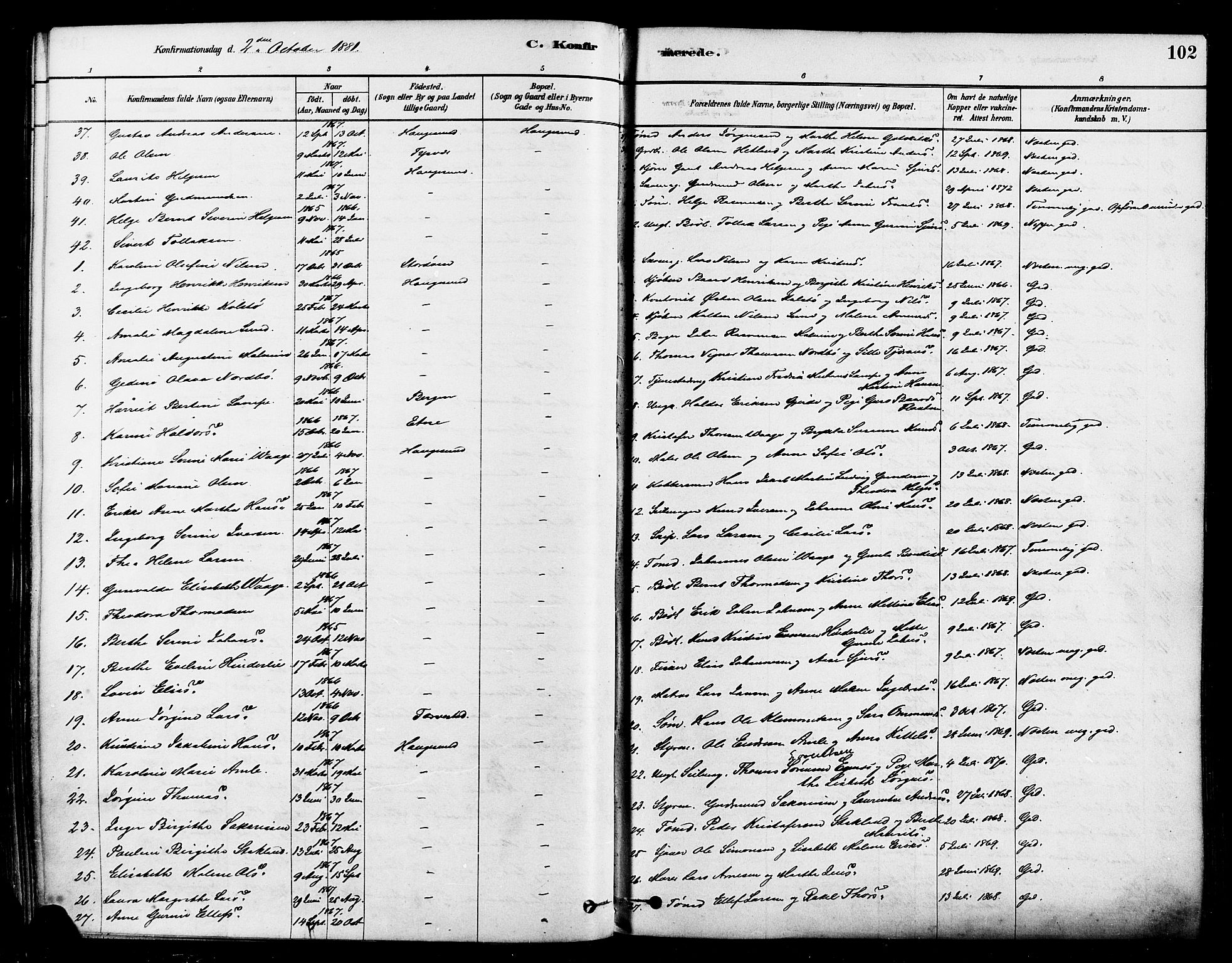 Haugesund sokneprestkontor, AV/SAST-A -101863/H/Ha/Haa/L0001: Parish register (official) no. A 1, 1878-1885, p. 102