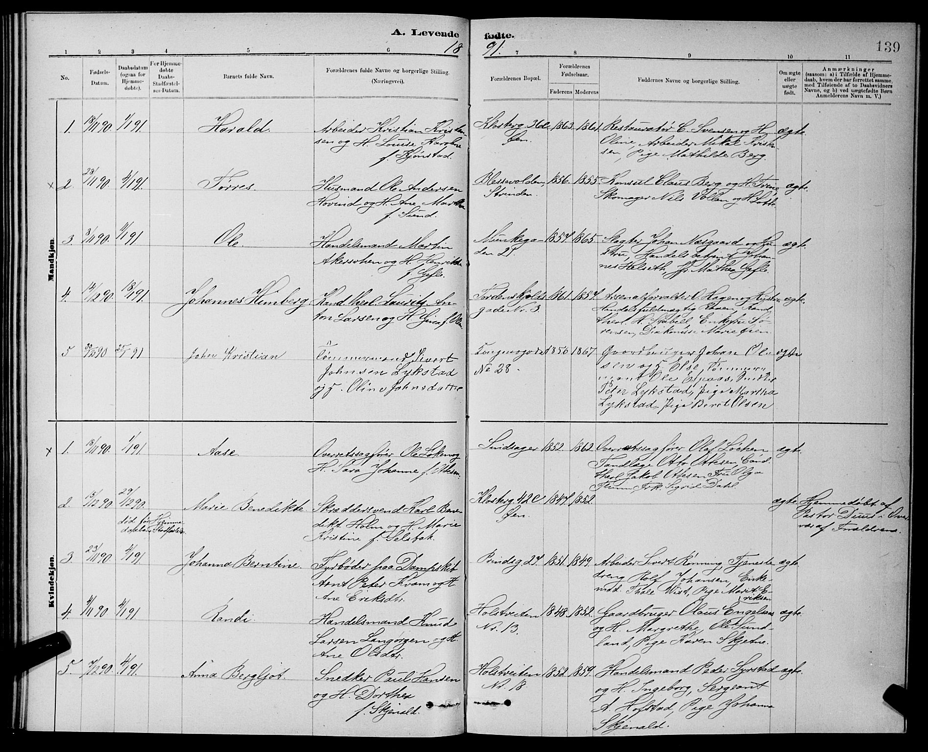 Ministerialprotokoller, klokkerbøker og fødselsregistre - Sør-Trøndelag, SAT/A-1456/601/L0092: Parish register (copy) no. 601C10, 1884-1897, p. 139