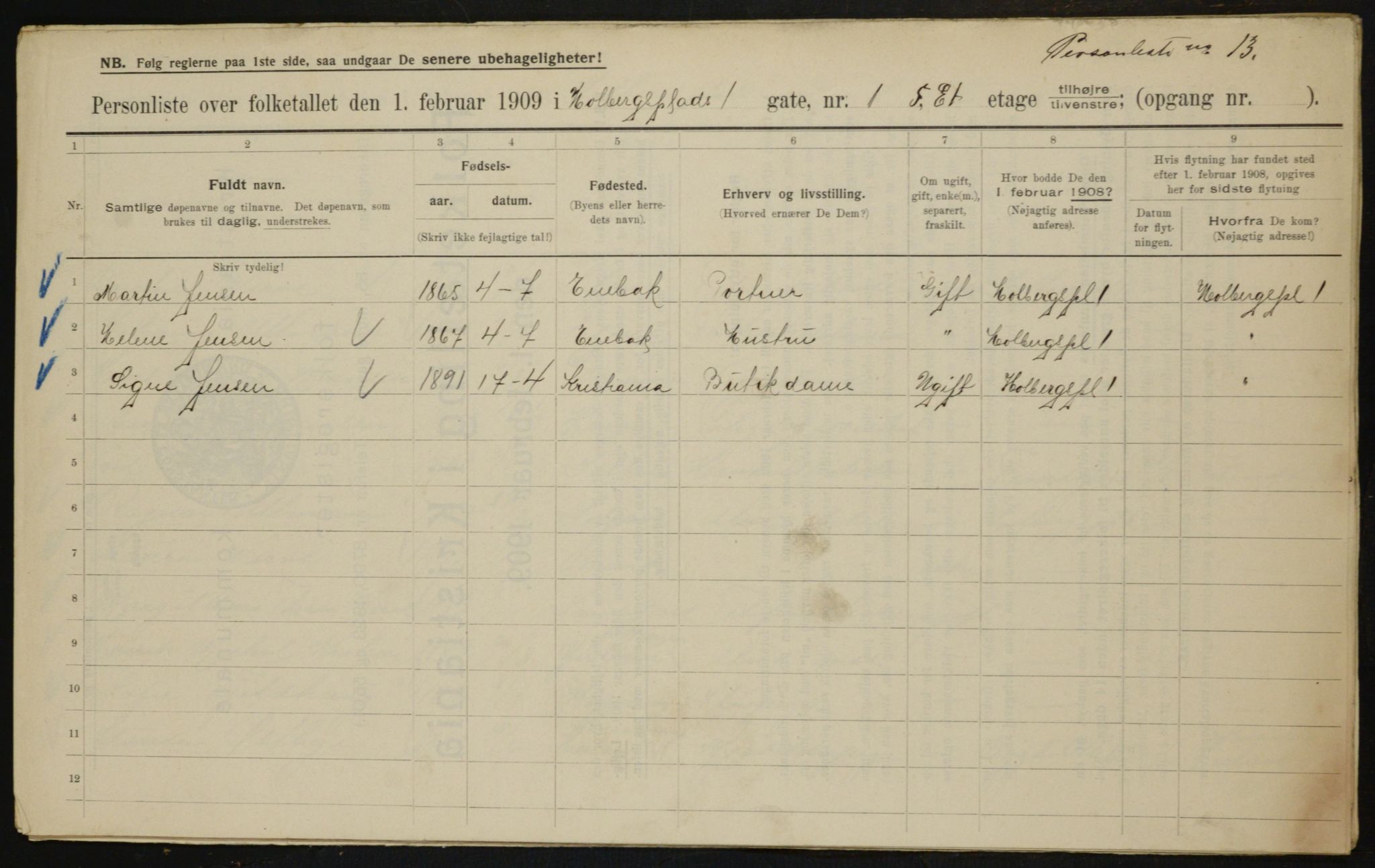 OBA, Municipal Census 1909 for Kristiania, 1909, p. 36738