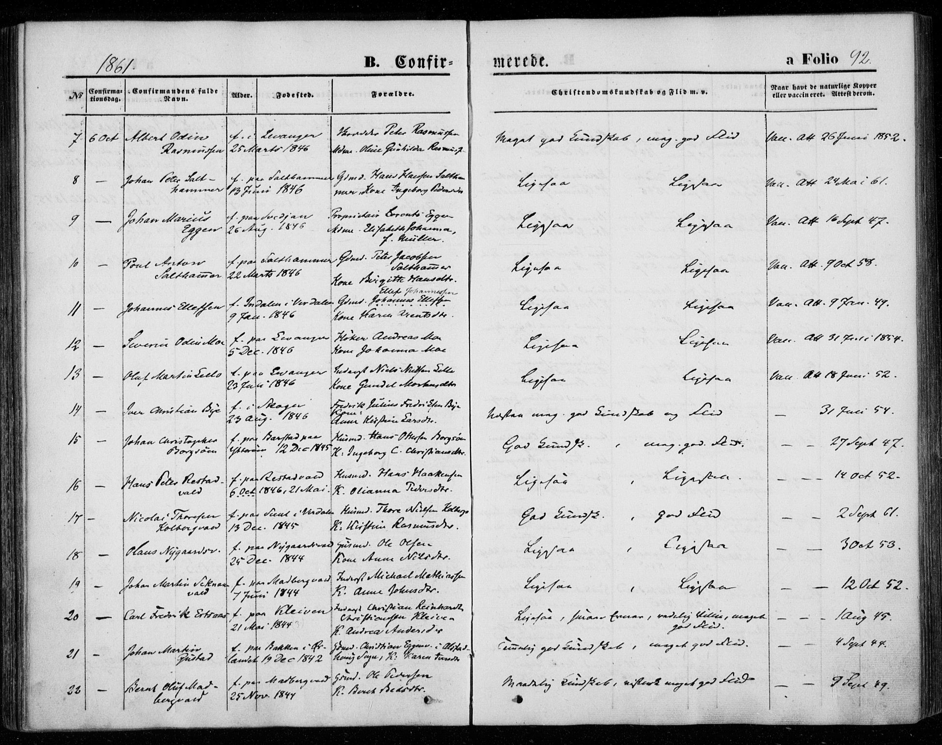 Ministerialprotokoller, klokkerbøker og fødselsregistre - Nord-Trøndelag, SAT/A-1458/720/L0184: Parish register (official) no. 720A02 /1, 1855-1863, p. 92
