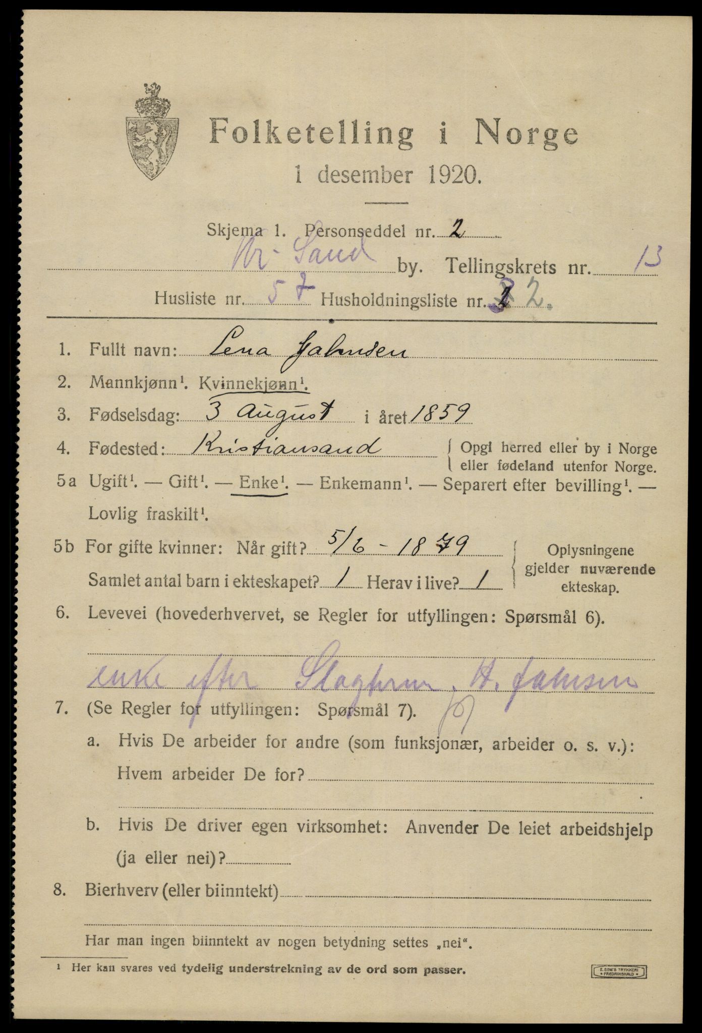 SAK, 1920 census for Kristiansand, 1920, p. 28279