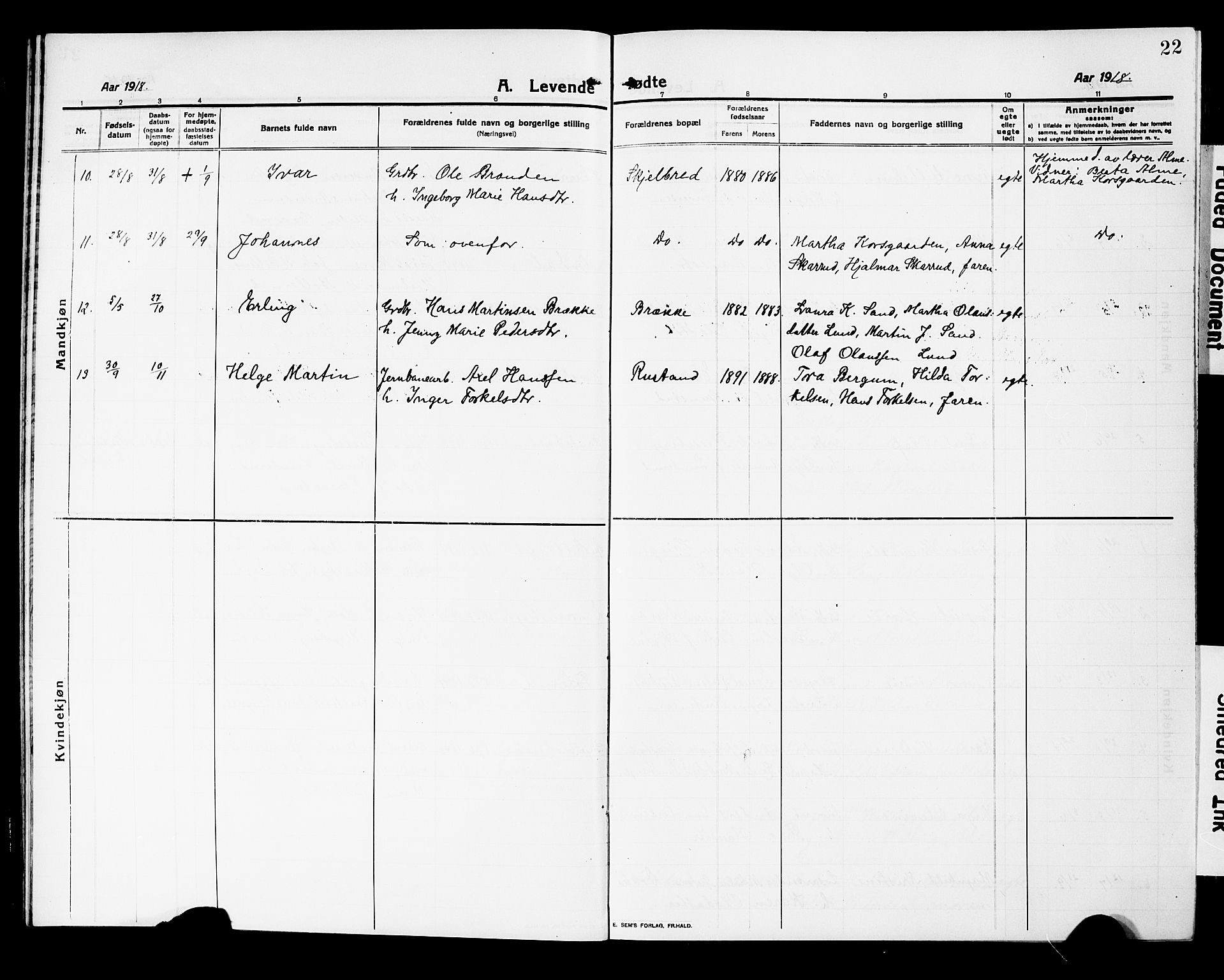 Fiskum kirkebøker, AV/SAKO-A-15/G/Ga/L0006: Parish register (copy) no. 6, 1913-1927, p. 22