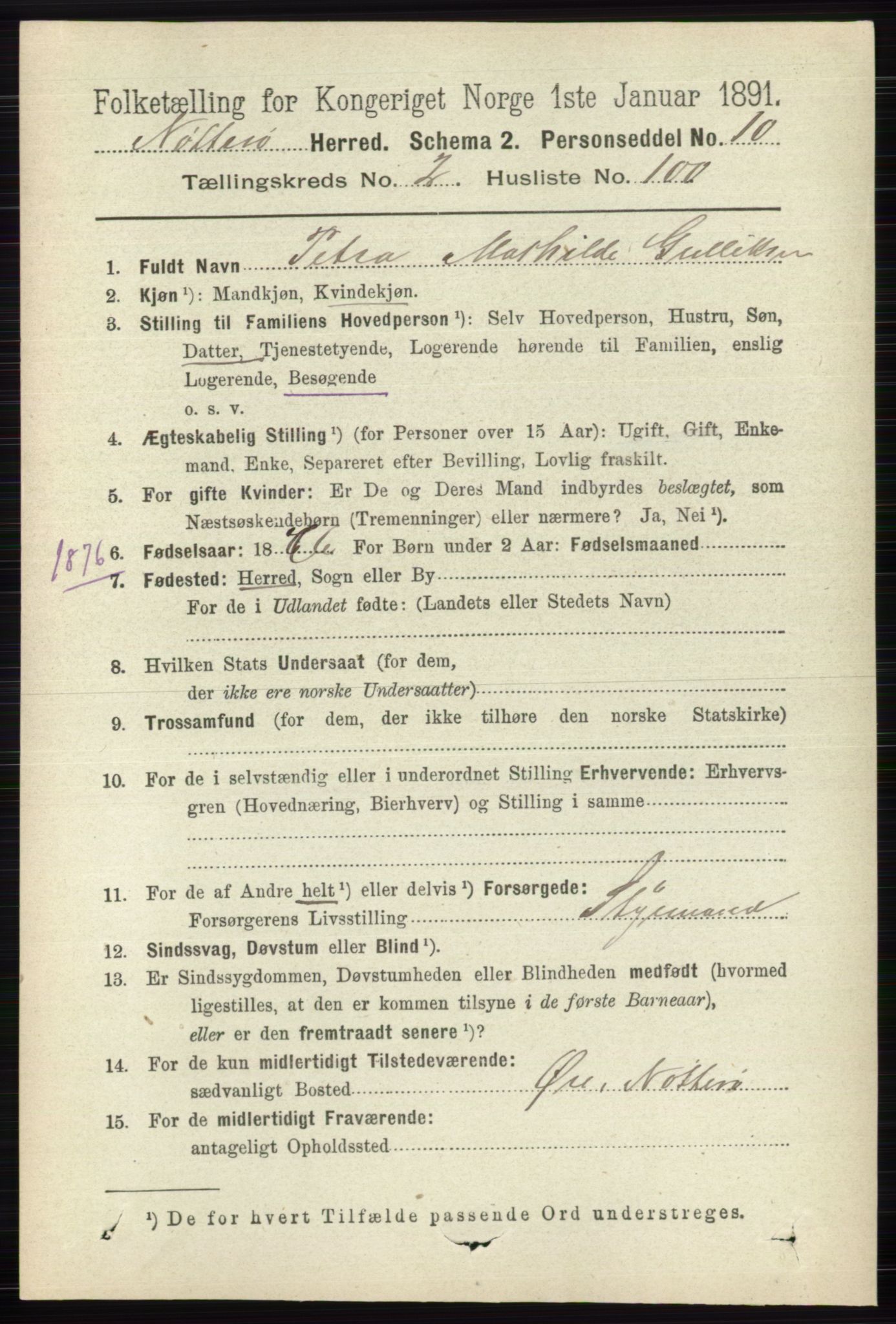 RA, 1891 census for 0722 Nøtterøy, 1891, p. 1476