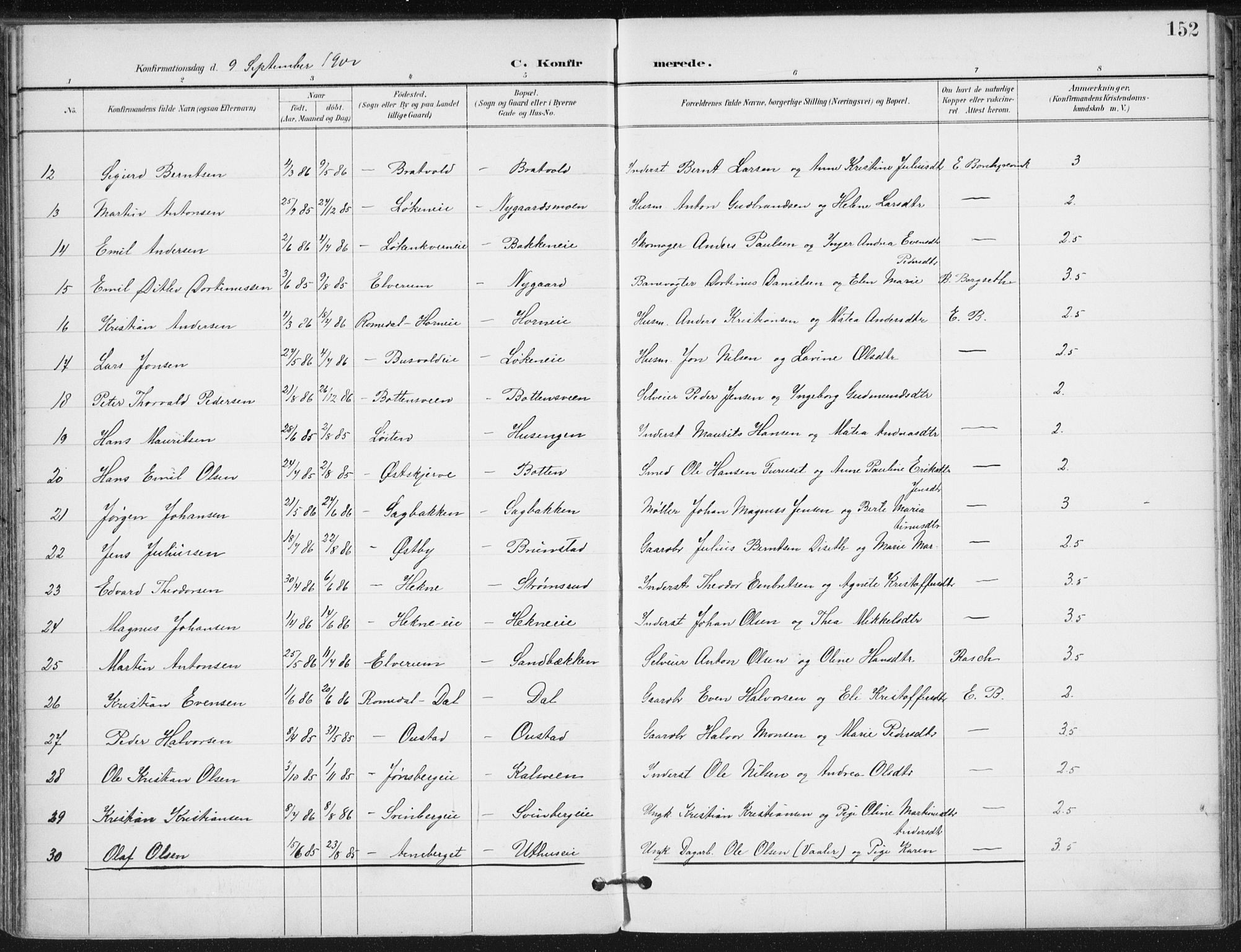 Romedal prestekontor, SAH/PREST-004/K/L0011: Parish register (official) no. 11, 1896-1912, p. 152