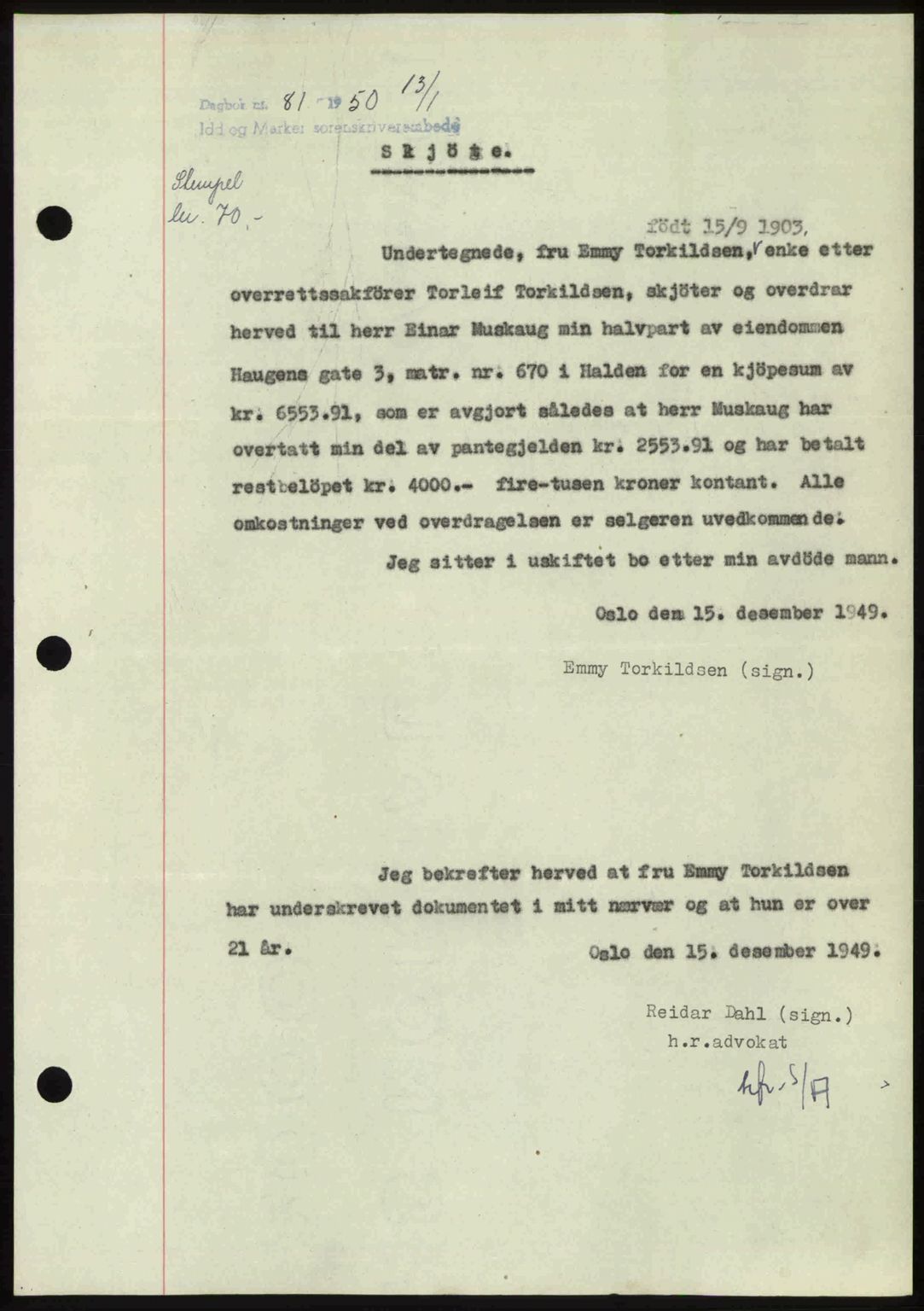 Idd og Marker sorenskriveri, AV/SAO-A-10283/G/Gb/Gbb/L0013: Mortgage book no. A13, 1949-1950, Diary no: : 81/1950