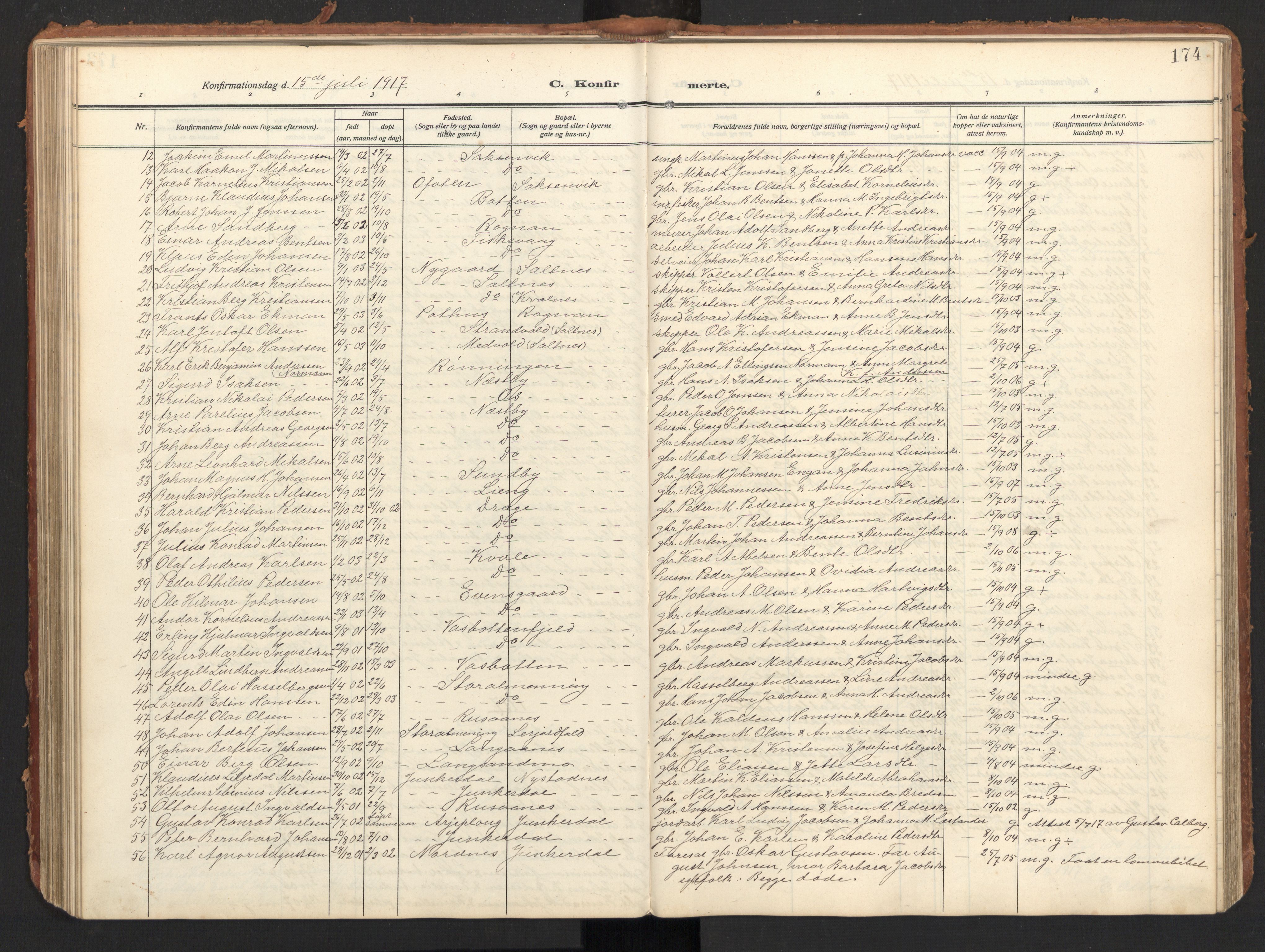 Ministerialprotokoller, klokkerbøker og fødselsregistre - Nordland, AV/SAT-A-1459/847/L0683: Parish register (copy) no. 847C11, 1908-1929, p. 174