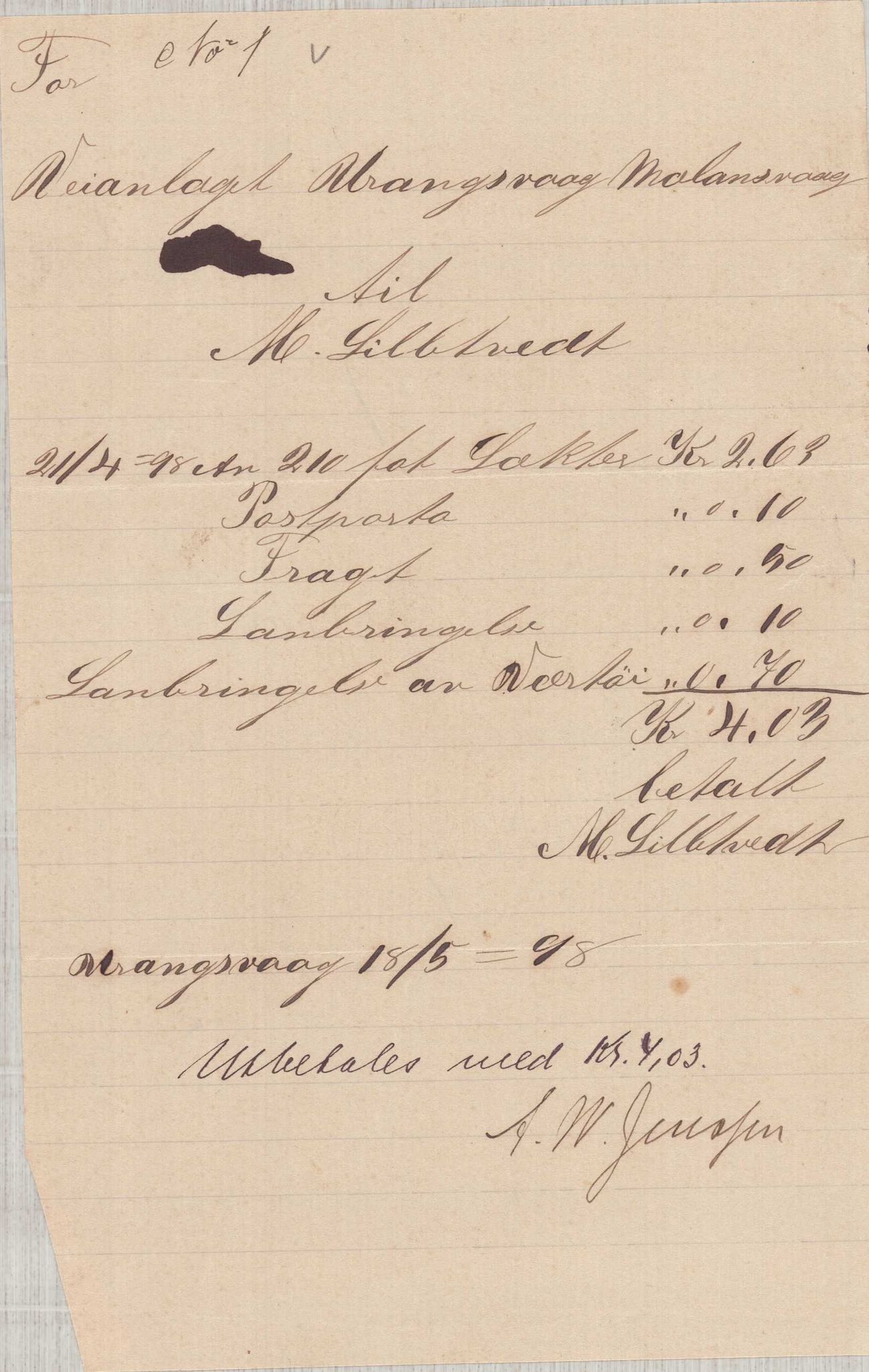 Finnaas kommune. Formannskapet, IKAH/1218a-021/E/Ea/L0002/0001: Rekneskap for veganlegg / Rekneskap for veganlegget Urangsvåg - Mælandsvåg, 1898-1900, p. 176