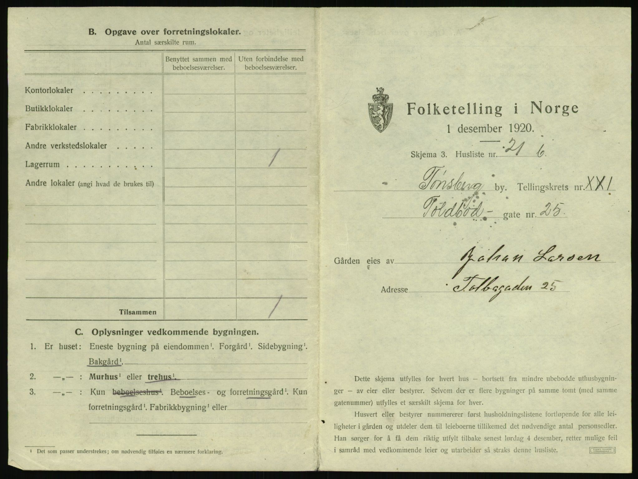 SAKO, 1920 census for Tønsberg, 1920, p. 2161