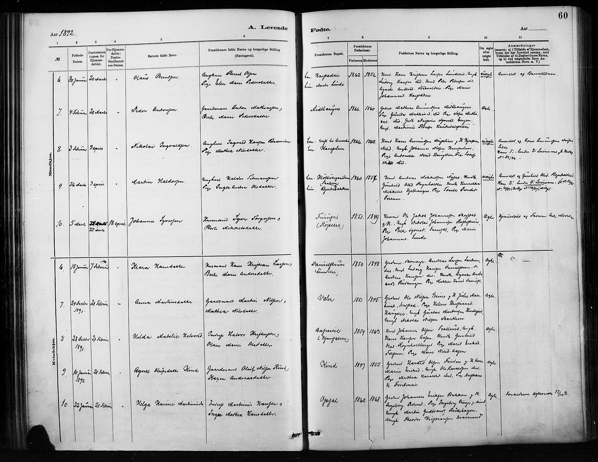 Nordre Land prestekontor, SAH/PREST-124/H/Ha/Haa/L0004: Parish register (official) no. 4, 1882-1896, p. 60