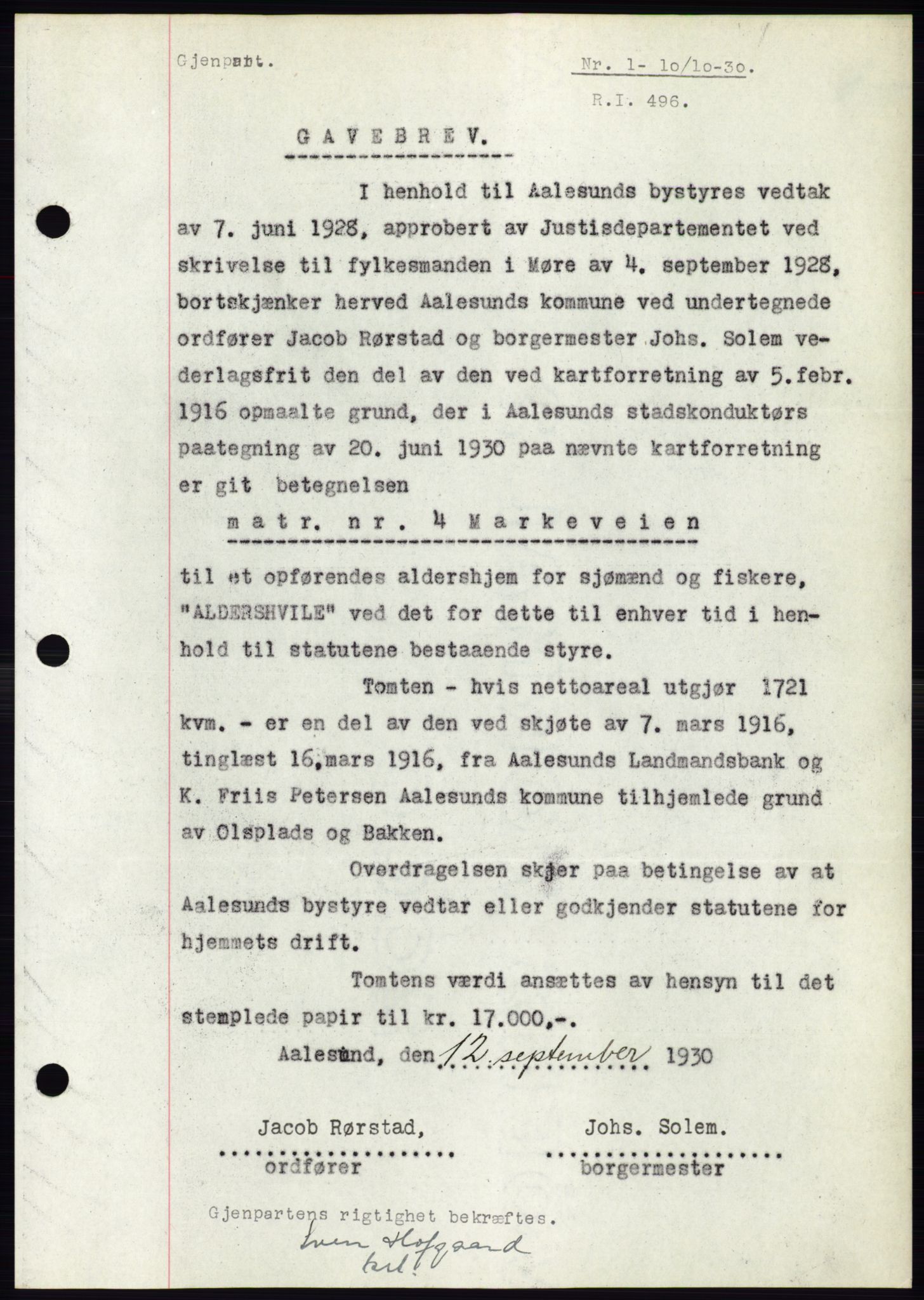 Ålesund byfogd, AV/SAT-A-4384: Mortgage book no. 26, 1930-1930, Deed date: 10.10.1930