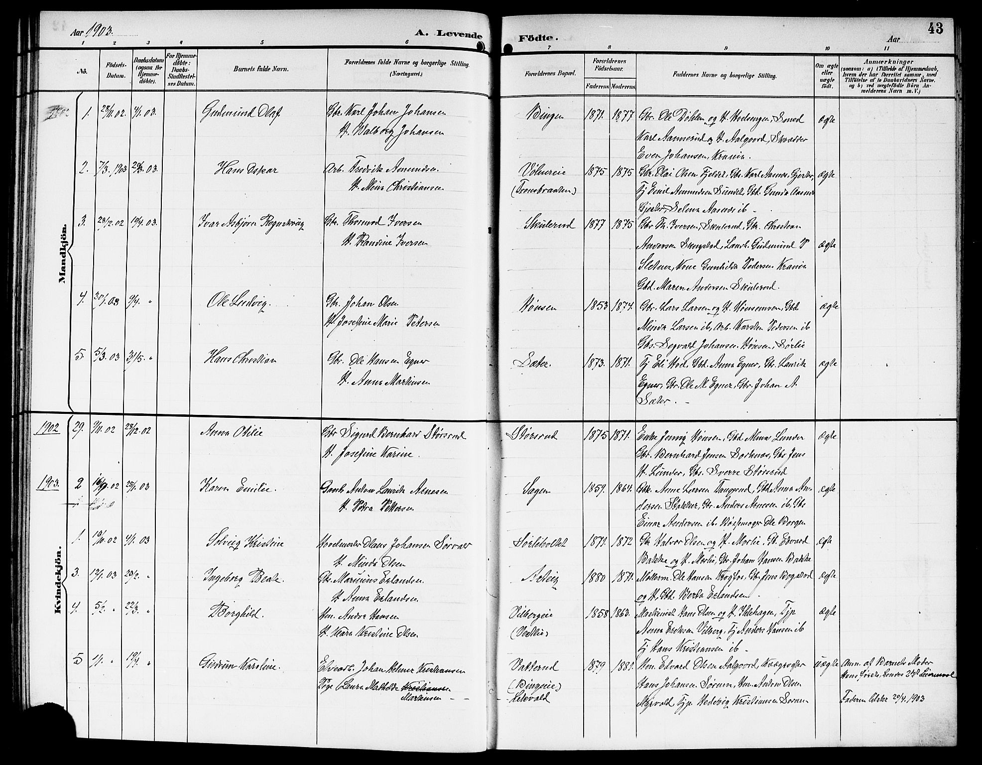 Sørum prestekontor Kirkebøker, SAO/A-10303/G/Ga/L0006: Parish register (copy) no. I 6, 1894-1906, p. 43