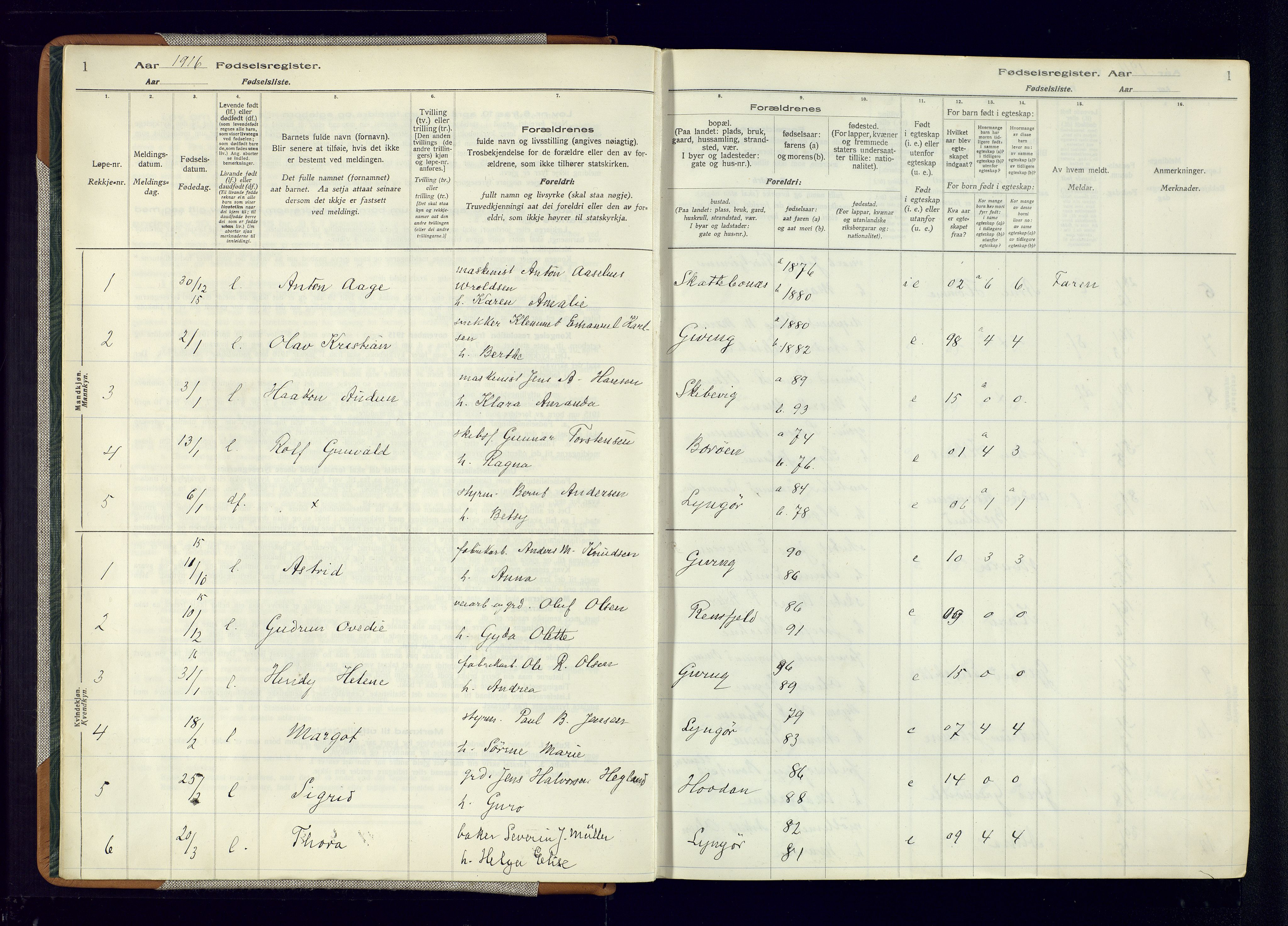 Dypvåg sokneprestkontor, SAK/1111-0007/J/Ja/L0001: Birth register no. II.4.3, 1916-1975, p. 1