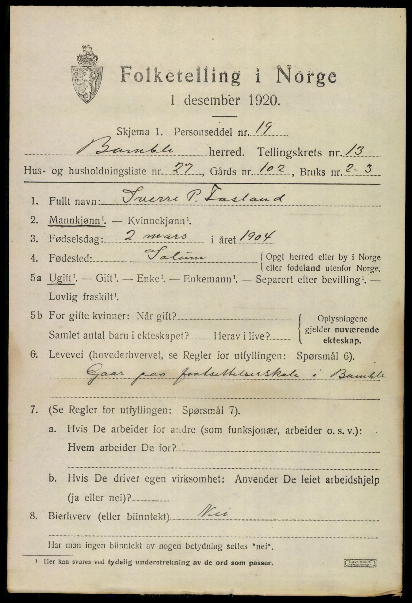 SAKO, 1920 census for Bamble, 1920, p. 9857