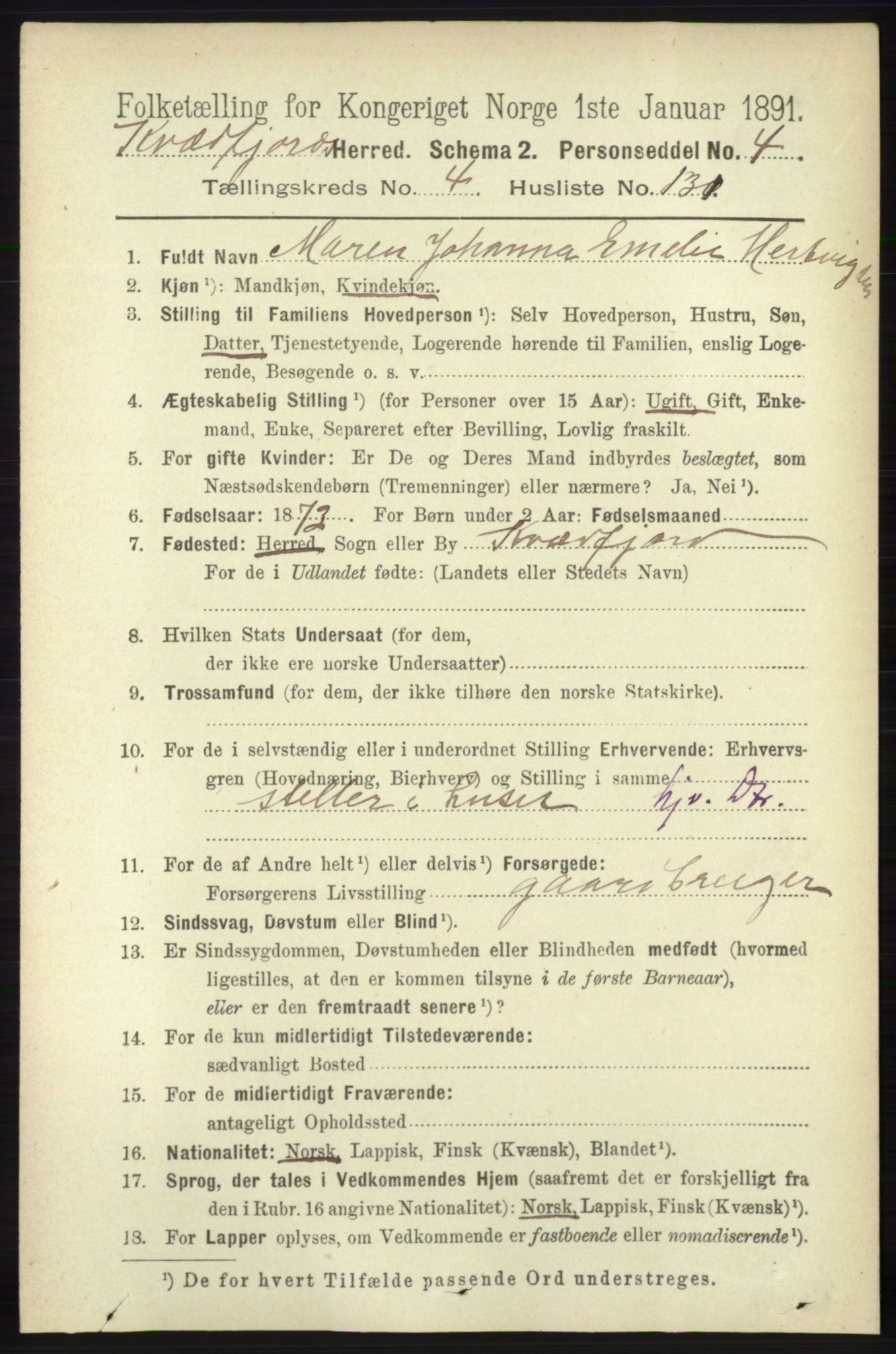 RA, 1891 census for 1911 Kvæfjord, 1891, p. 2726