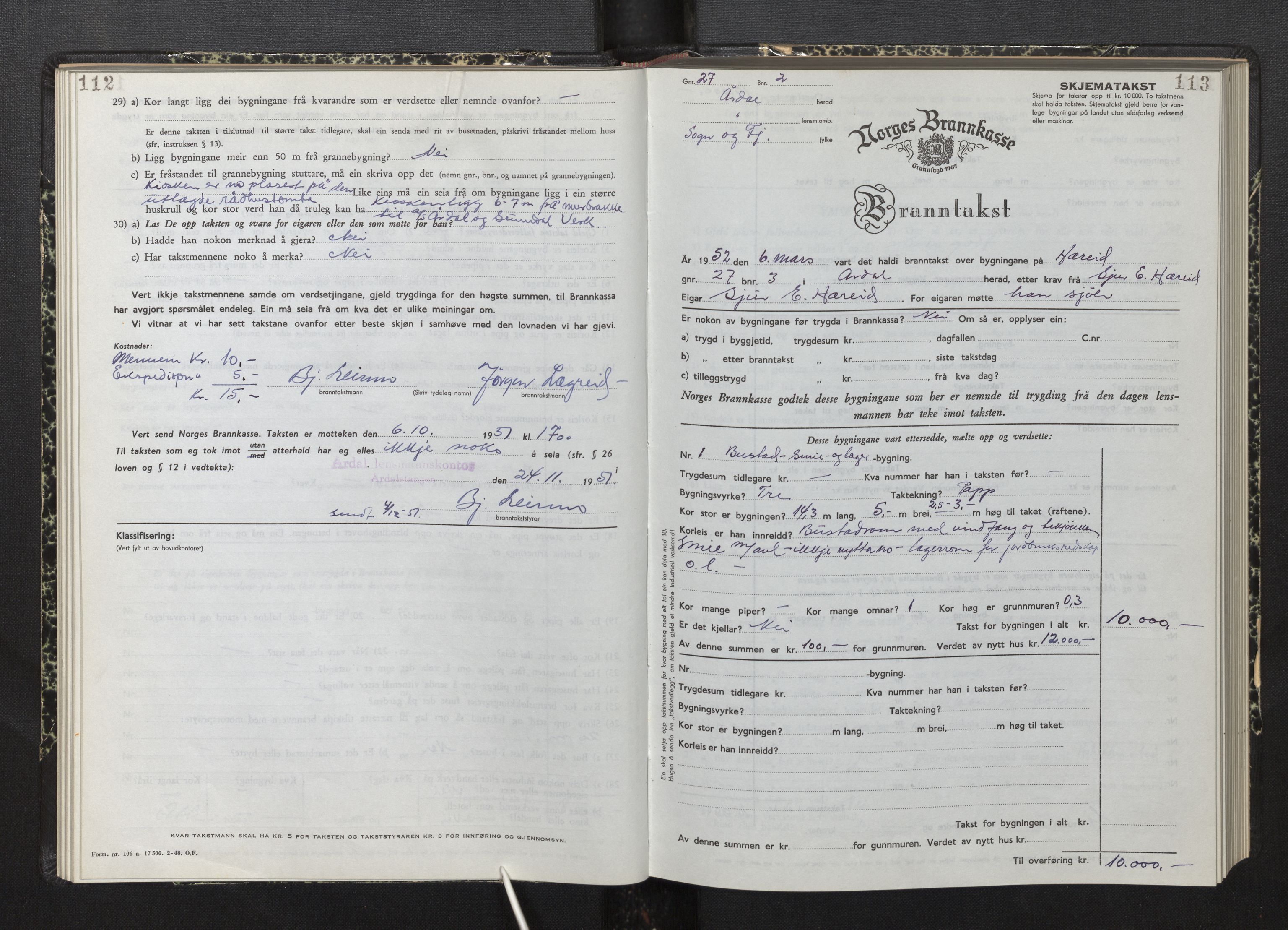 Lensmannen i Årdal, AV/SAB-A-30501/0012/L0012: Branntakstprotokoll, skjematakst, 1949-1955, p. 112-113