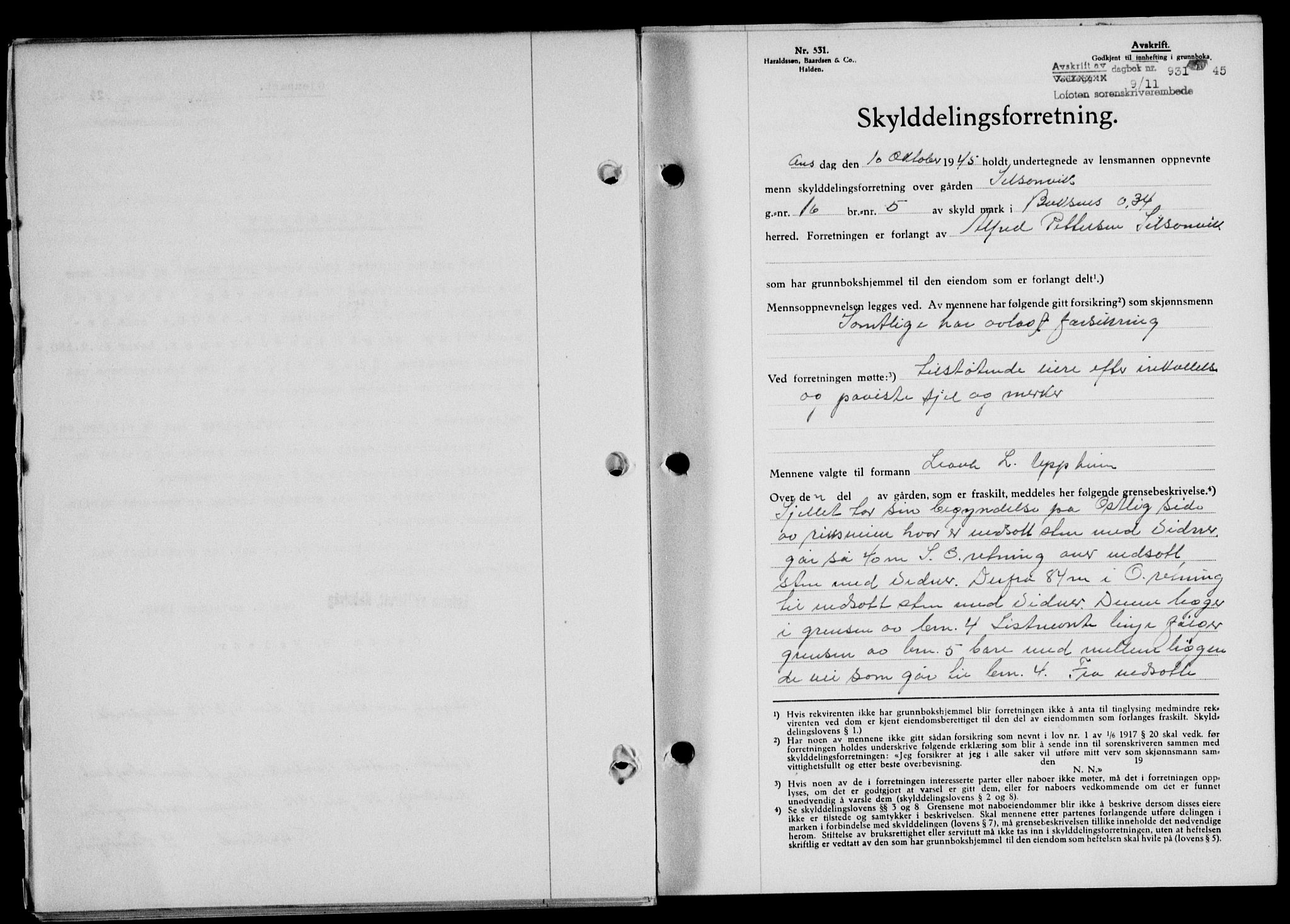 Lofoten sorenskriveri, SAT/A-0017/1/2/2C/L0013a: Mortgage book no. 13a, 1944-1946, Diary no: : 931/1945