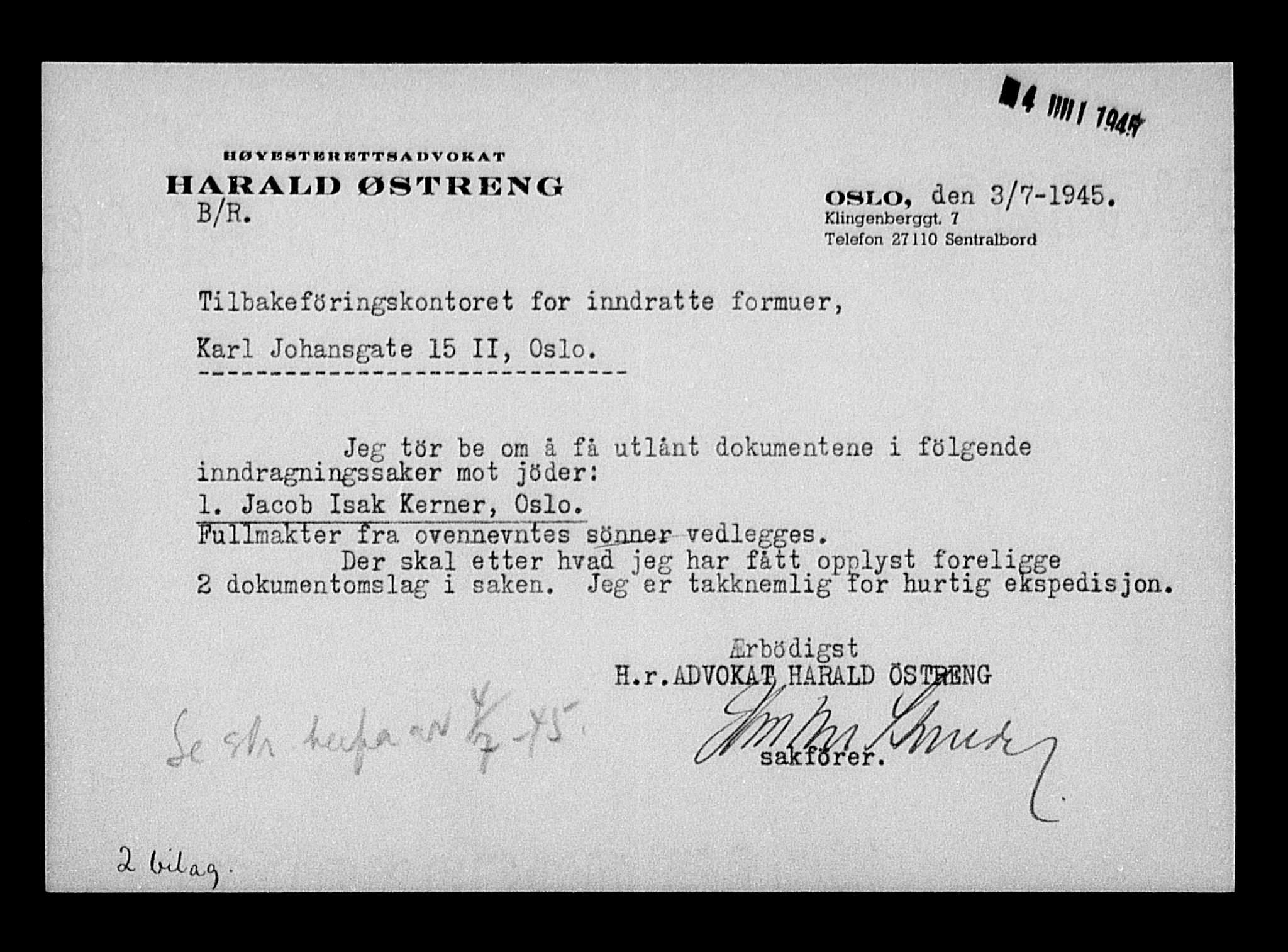 Justisdepartementet, Tilbakeføringskontoret for inndratte formuer, AV/RA-S-1564/H/Hc/Hcc/L0951: --, 1945-1947, p. 285