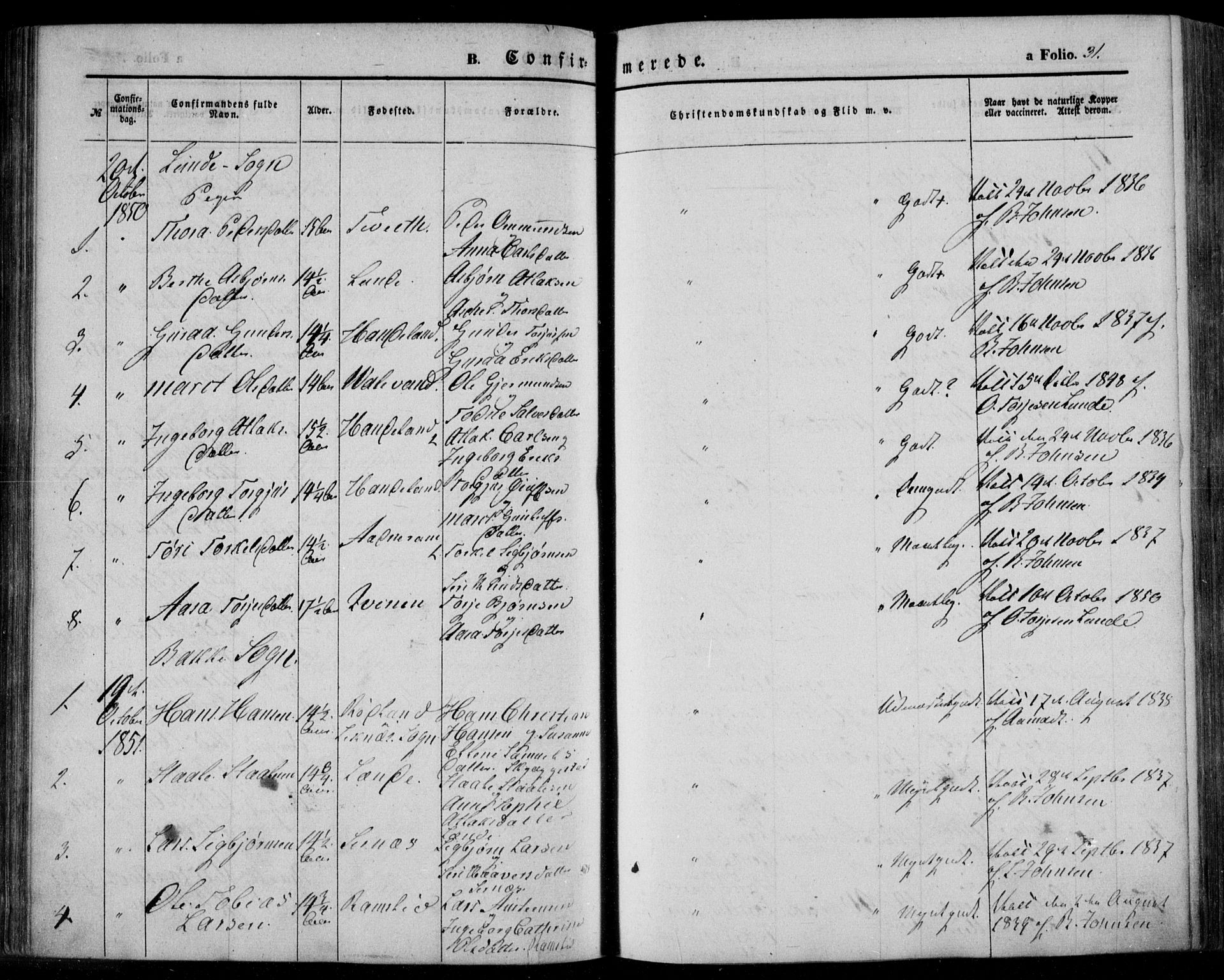 Bakke sokneprestkontor, SAK/1111-0002/F/Fa/Faa/L0005: Parish register (official) no. A 5, 1847-1855, p. 31
