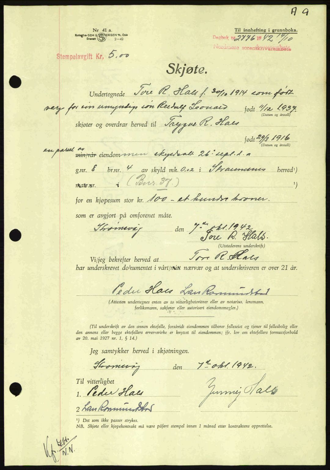 Nordmøre sorenskriveri, AV/SAT-A-4132/1/2/2Ca: Mortgage book no. A94, 1942-1943, Diary no: : 2776/1942