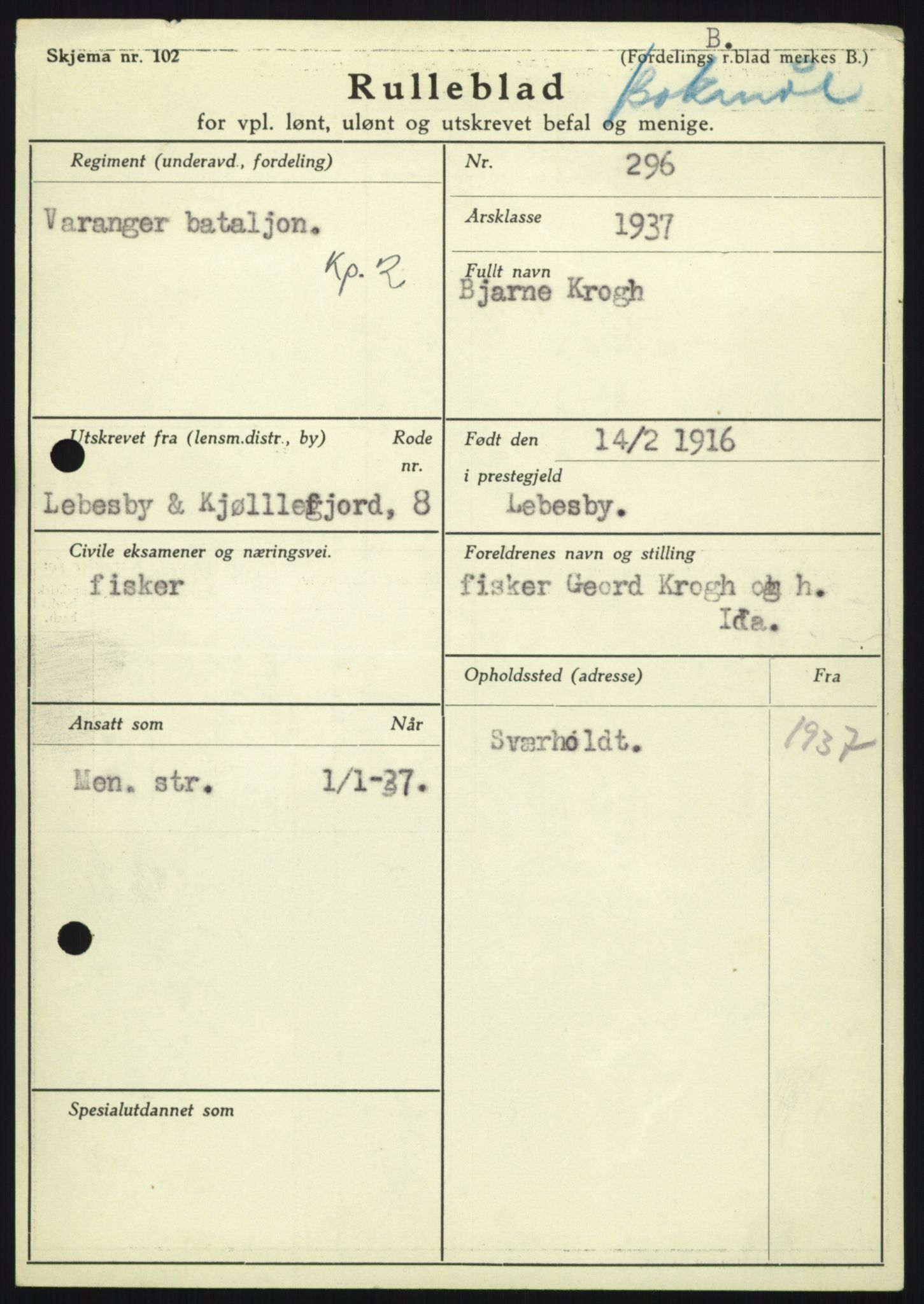 Forsvaret, Troms infanteriregiment nr. 16, AV/RA-RAFA-3146/P/Pa/L0021: Rulleblad for regimentets menige mannskaper, årsklasse 1937, 1937, p. 669