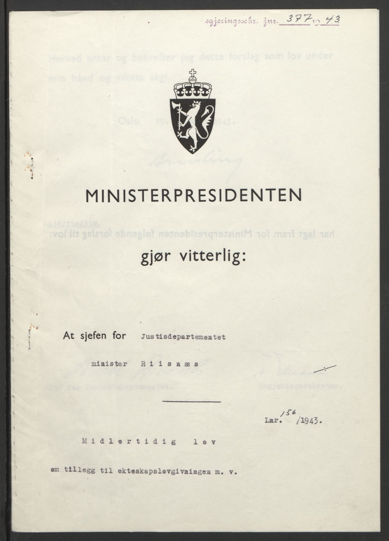 NS-administrasjonen 1940-1945 (Statsrådsekretariatet, de kommisariske statsråder mm), RA/S-4279/D/Db/L0099: Lover, 1943, p. 739