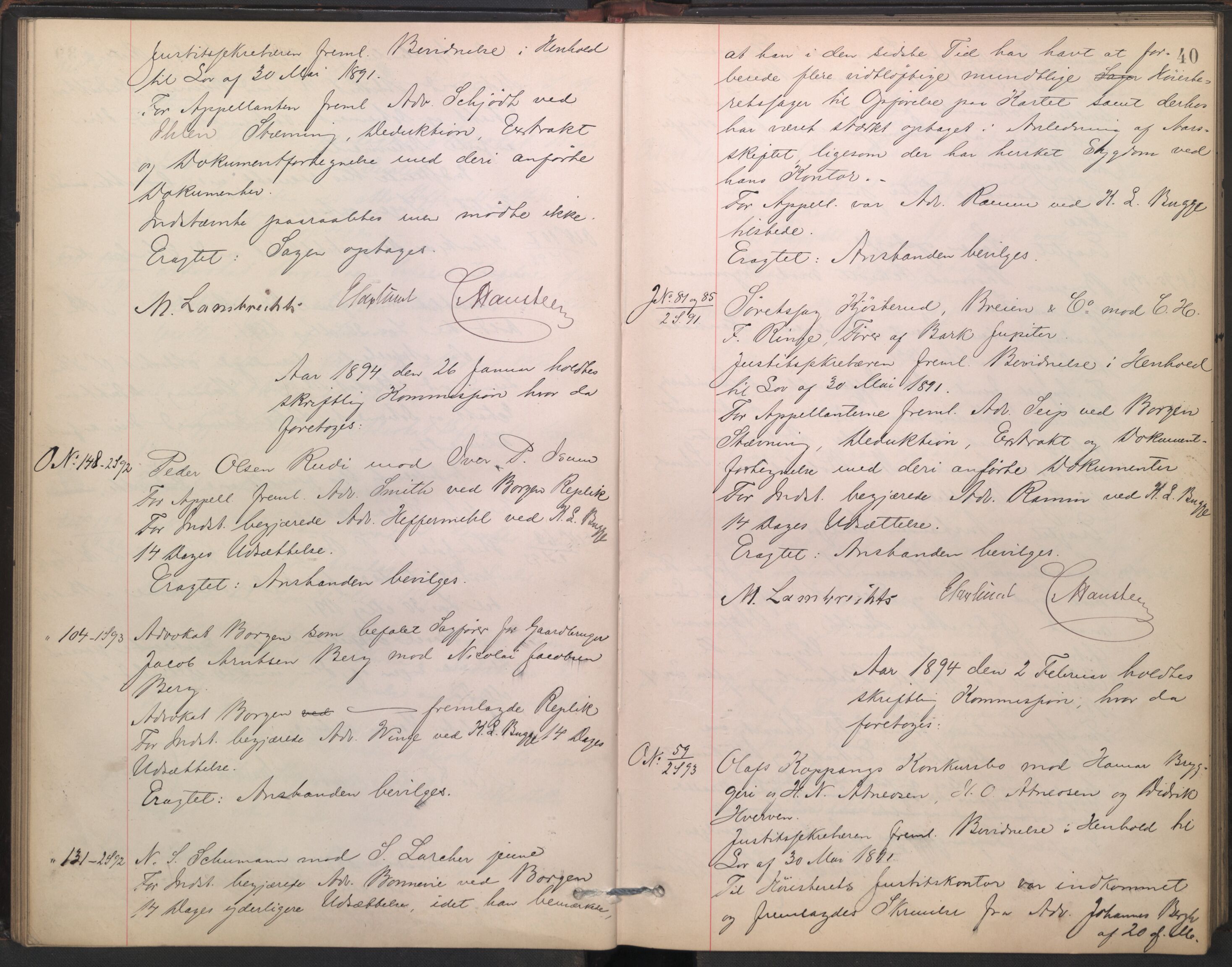 Høyesterett, AV/RA-S-1002/E/Ef/L0017: Protokoll over saker som gikk til skriftlig behandling, 1893-1896, p. 39b-40a