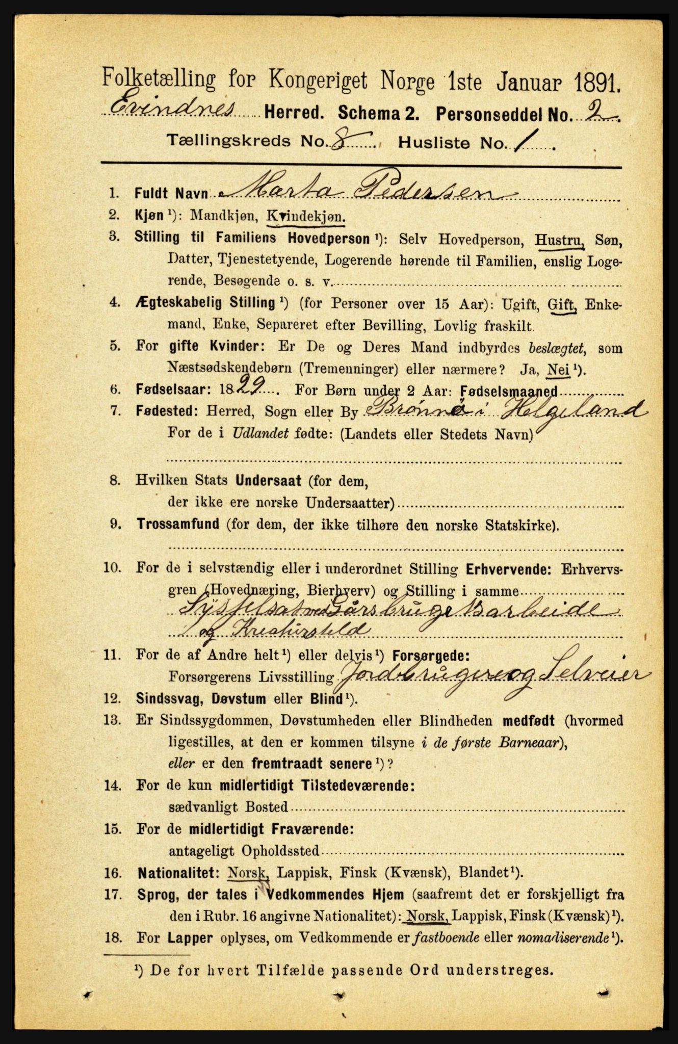 RA, 1891 census for 1853 Evenes, 1891, p. 2513