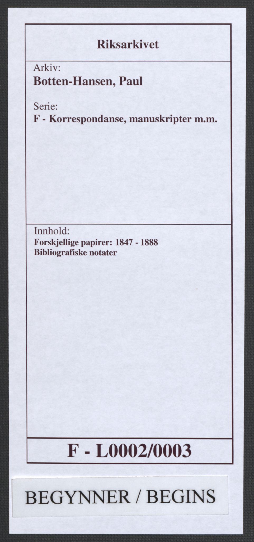 Botten-Hansen, Paul, RA/PA-0017/F/L0002/0003: Forskjellige papirer: / Bibliografiske notater, 1824-1869, p. 1