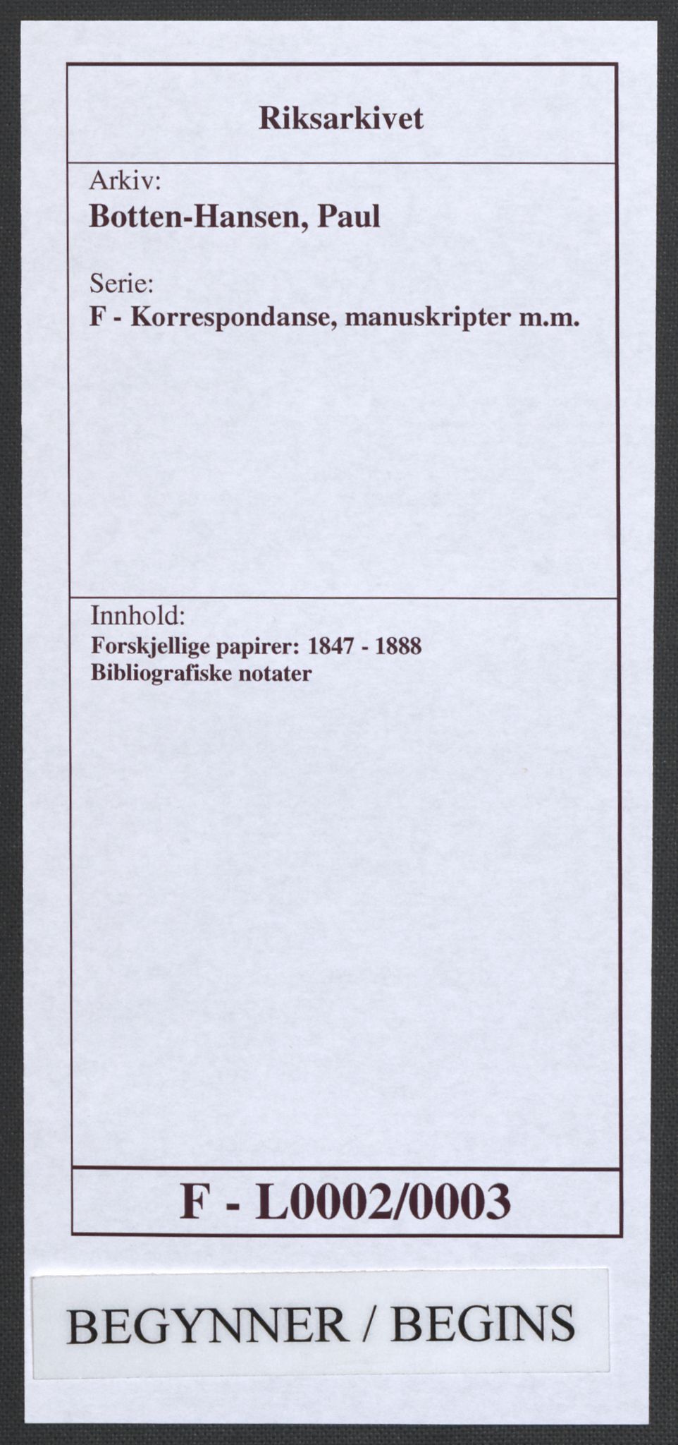 Botten-Hansen, Paul, AV/RA-PA-0017/F/L0002/0003: Forskjellige papirer: / Bibliografiske notater, 1824-1869, p. 1