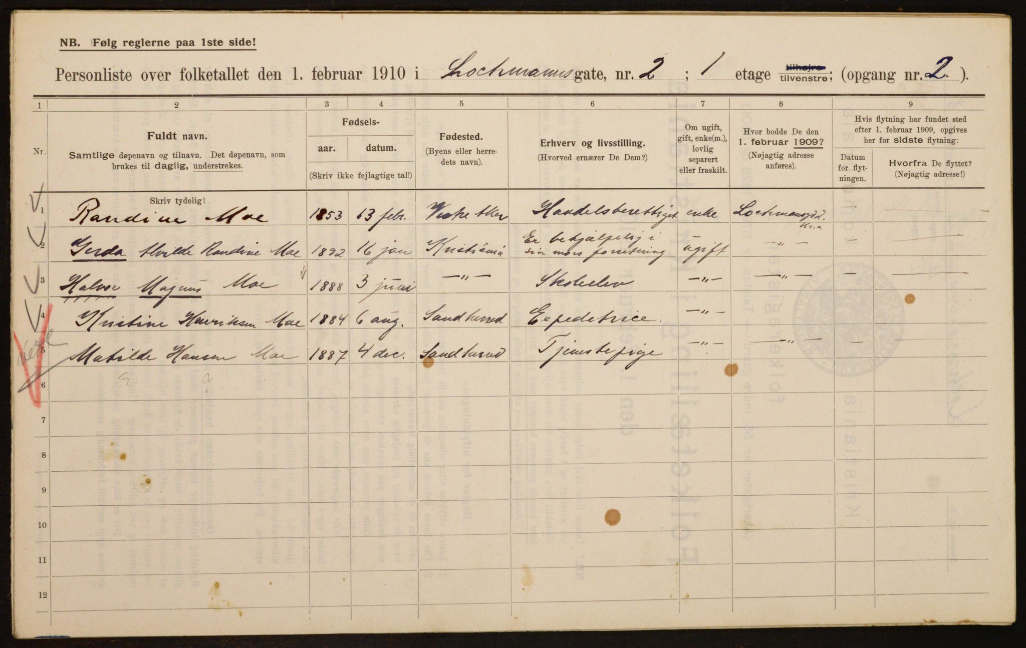 OBA, Municipal Census 1910 for Kristiania, 1910, p. 56215