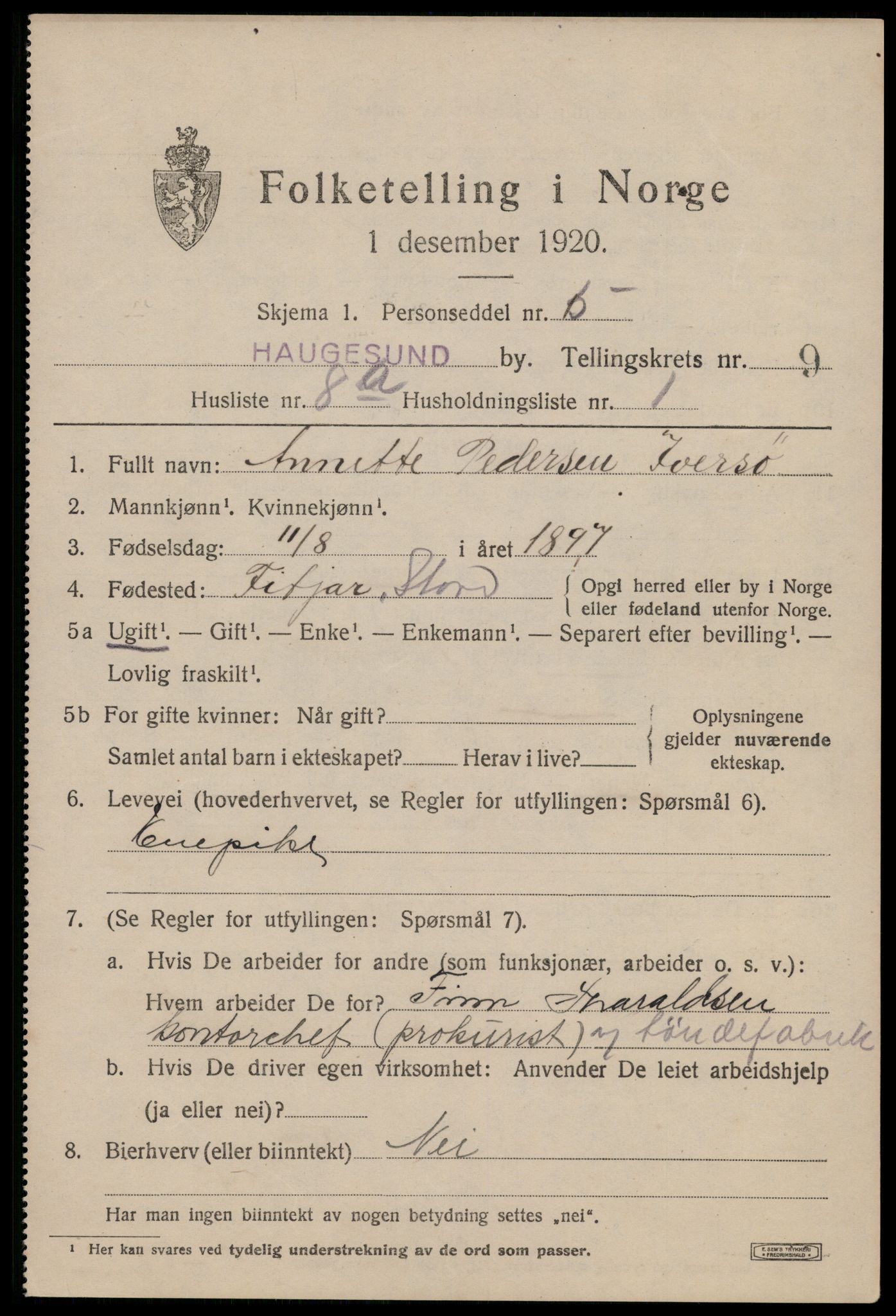 SAST, 1920 census for Haugesund, 1920, p. 32341